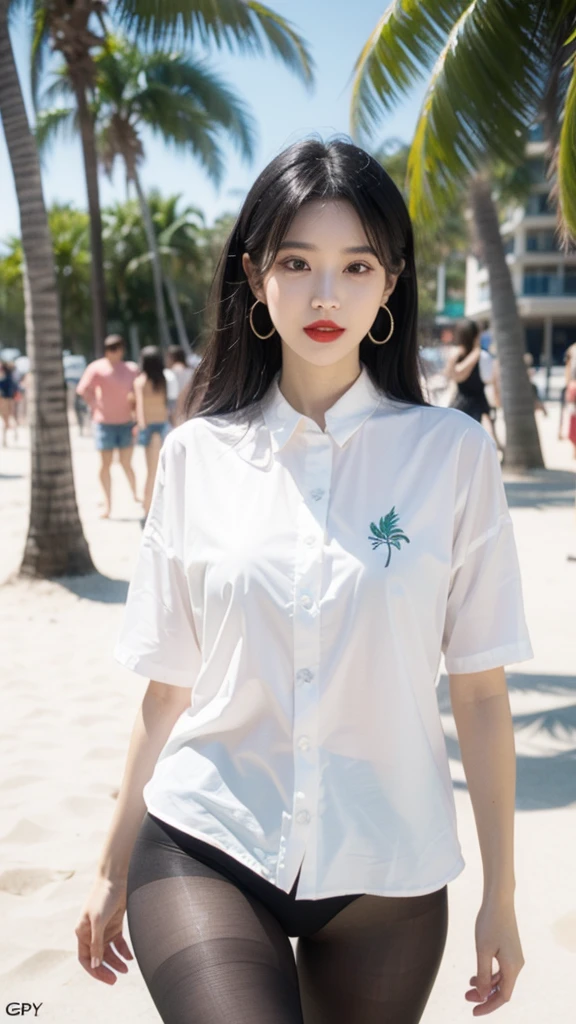 alone, whole body,Earrings, eyelash, pantyhose,, (Beach,(Palm tree),crowd,(White shirt), Floral print,Red lips),Sexy and provocative smile,, (Shiny skin:1.05),(blush:0.9),(Skin Dentition:1.15),Realistic, masterpiece, Highest quality, High resolution,Absurd, (Perfect Face:1.1), (Sharp focus:1.1),, Trending on Art Station, Trending on CGSociety, Complex, High detail, Sharp focus, dramatic,