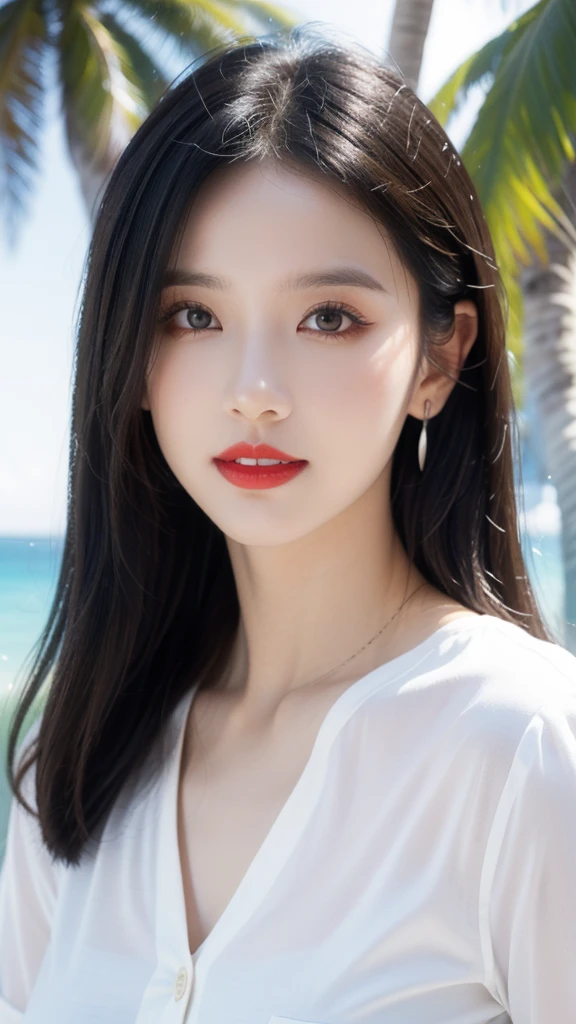 alone, whole body,Earrings, eyelash, pantyhose,, (Beach,(Palm tree),crowd,(White shirt), Floral print,Red lips),Sexy and provocative smile,, (Shiny skin:1.05),(blush:0.9),(Skin Dentition:1.15),Realistic, masterpiece, Highest quality, High resolution,Absurd, (Perfect Face:1.1), (Sharp focus:1.1),, Trending on Art Station, Trending on CGSociety, Complex, High detail, Sharp focus, dramatic,