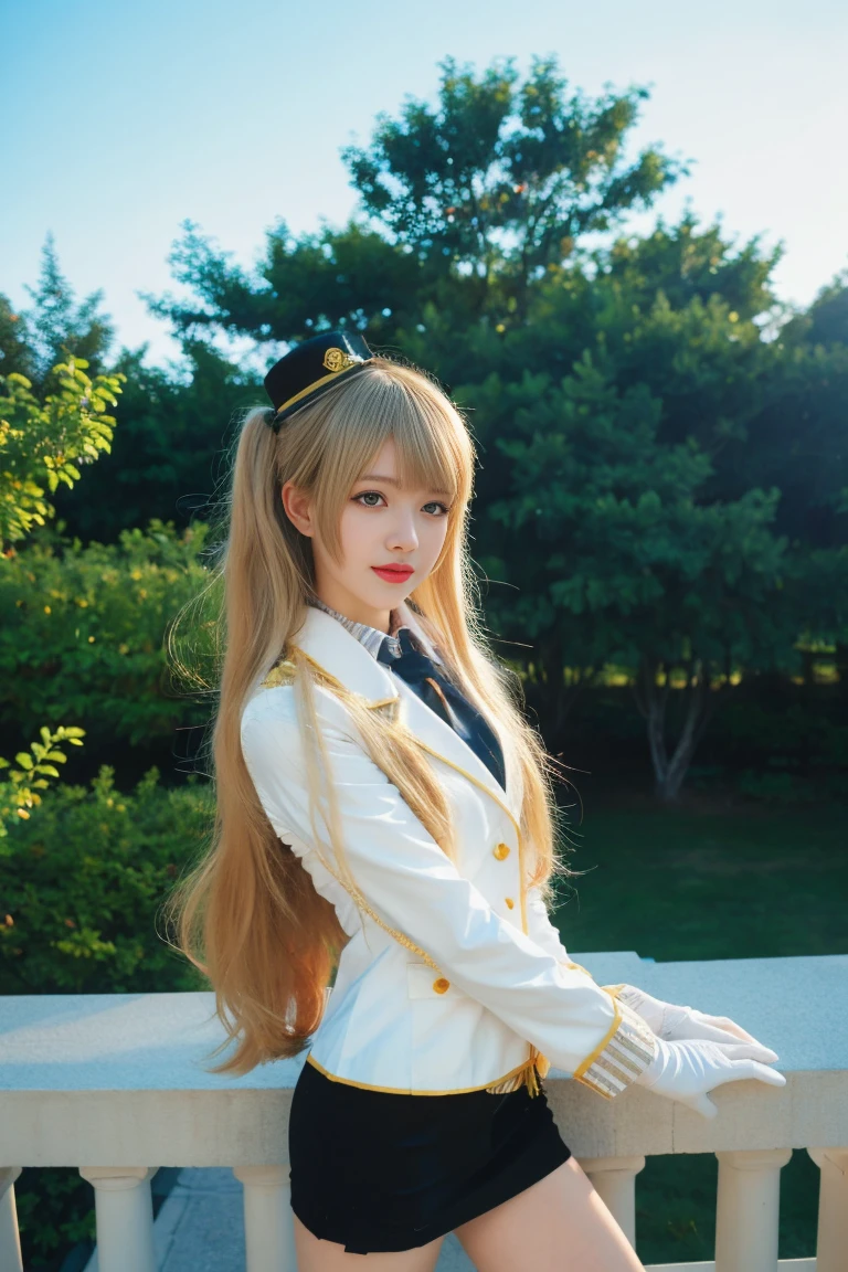 best quality, tmasterpiece,Ultra-high resolution,Clear face,（Reality：1.4），ferpect lighting，(upper body:1.3), (photorealistic:1.50), anime wallpaper, Guviz style artwork, cover-up fantasy up to magic , by Yang J, Guviz, beautiful artwork illustration, beautiful digital artwork, beautiful digital illustration, Li Song, beautiful anime portrait, art style in Beauvot, Minami Kotori, 1girl, 独奏,cosplay, looking at viewer, 
long hair,  blonde hair,bangs, side ponytail,single hair bun,
gloves, mini hat, pencil skirt, Miniskirt, long sleeves, police uniform,
outdoors,photo background, standing,
 