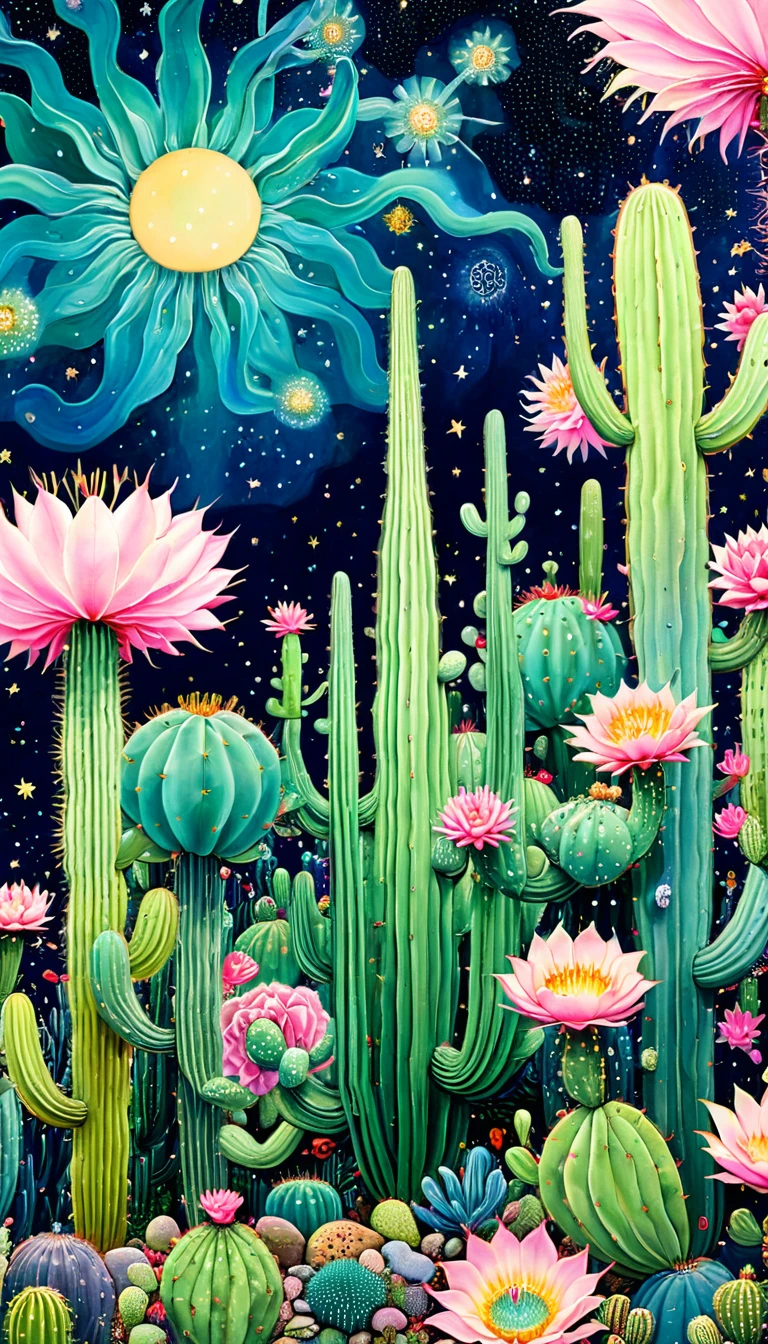 "Dick Ellescas Artist Style" Cactus Forest,天上的星星有着长长的Tentacles,bacteria,Spore powder,Fungi,Marine Life,plant,flower,Tentacles,Eye、Starry Sky,Stitching together an abstract painting,Describing the inner world of autistic people,Sense of space,White Space,interesting,Innocence,Psychedelic Art,Pink theme