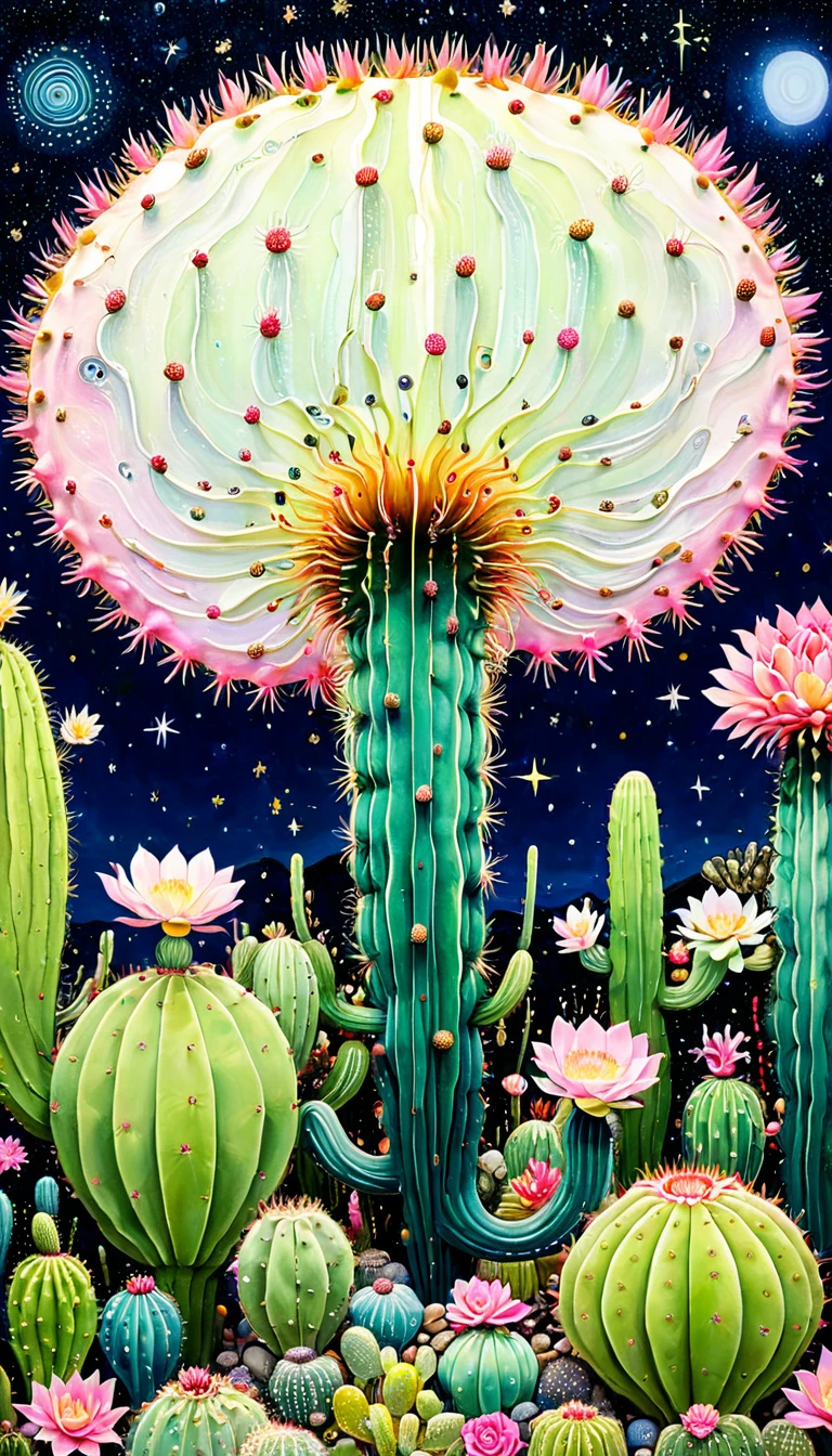 "Dick Ellescas Artist Style" Cactus Forest,天上的星星有着长长的Tentacles,bacteria,Spore powder,Fungi,Marine Life,plant,flower,Tentacles,Eye、Starry Sky,Stitching together an abstract painting,Describing the inner world of autistic people,Sense of space,White Space,interesting,Innocence,Psychedelic Art,Pink theme