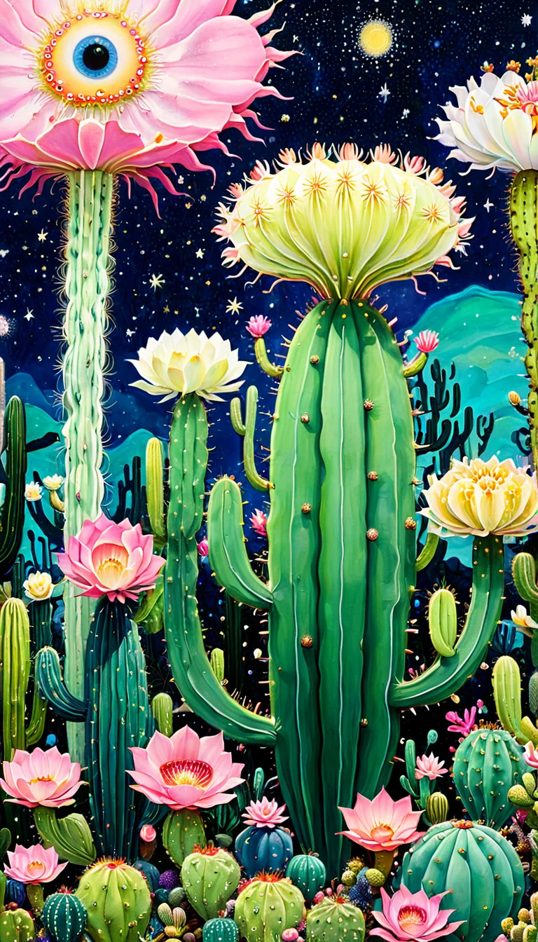"Dick Ellescas Artist Style" Cactus Forest,天上的星星有着长长的Tentacles,bacteria,Spore powder,Fungi,Marine Life,plant,flower,Tentacles,Eye、Starry Sky,Stitching together an abstract painting,Describing the inner world of autistic people,Sense of space,White Space,interesting,Innocence,Psychedelic Art,Pink theme