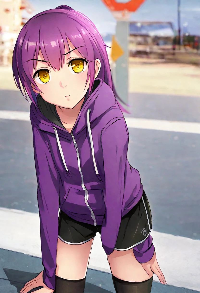 score_9, score_8_up, score_7_up, score_6_up, score_5_up, score_4_up, BREAK source_anime,rating_risky, a girl, 4rc4n3, thin, pale skin, skinny, tired expression, low ponytail, purple hair, yellow eyes, eye bags, tired expression, purple hoodie, thick thighs, black shorts, tight clothing, city background, purple clothes with black highlights,