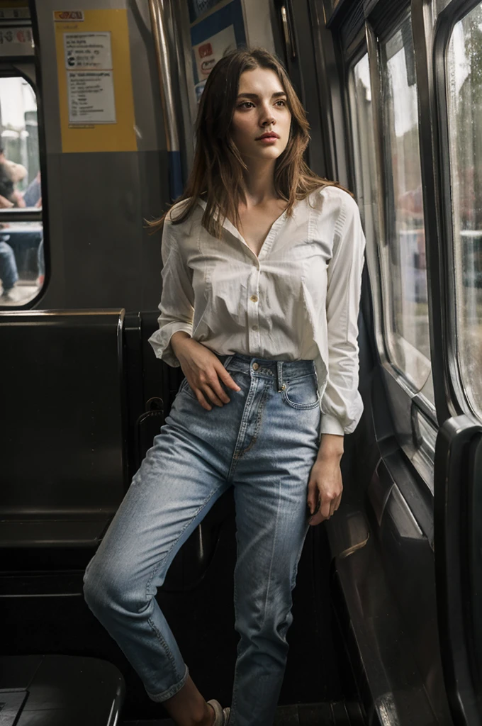 Oil painting of a woman sitting in a Metro car ((ONE WOMAN ONLY)) ((woman dressed in white)) modern dress, gray jeans pants, modern, actual, Nick Alm, by Andrea Pozzo, Jeremy Lipking, range murata Jeremy Lipking, by Carlo Mense, inspired by Enrique Simonet, sargento marshénnikov, by Michael Ford, krenzcushart, Jeremy Lipking full length shot, by Josep Rovira Soler