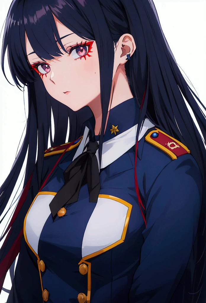 Anime is a military girl wearing a dark blue uniform with dark red elements. Black eyes, white long hair, and a scar on her neck.