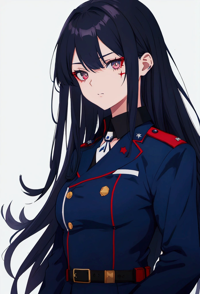 Anime is a military girl wearing a dark blue uniform with dark red elements. Black eyes, white long hair, and a scar on her neck.