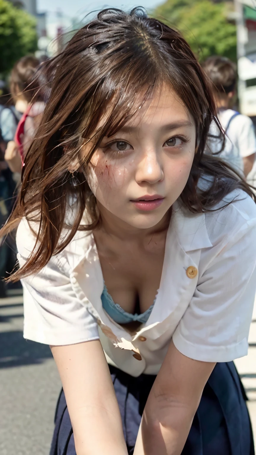 (A high school girl bends down to pick up a bag that was on the ground on a Tokyo street:1.2、blue sky、Cleavage:1.4)、((school uniform、blazer、Pleated skirt、Navy blue socks、loafers)、the wind is strong、(Realistic、Like a photograph、Live Action、8K, Realistic, RAW Photos, Best image quality: 1.4), Single-lens reflex camera、RAW Photos, Highest quality, Realistic, Highly detailed CG Unity 8K wallpaper, Written boundary depth, Cinematic Light, Lens flare, Ray Tracing, Realistic background、((ultra high density skin))、 Teenage girl on her way to school,Cute Japanese、(ＹThe buttons on her shirt are undone, exposing a small portion of her bra.:1.4、Big Breasts、The top part of the bra is visible.)、(whole body:1.5)、Super detailed face，avert your eyes:1.1、(Golden inner color hair、Straight Long Hair:1.2、My hair flutters in the wind:1.4)、I like that style、stylish、Very detailed、Pay attention to the details、Perfect outfit、(Sunburned skin)、View from above、Accurate hands、Accurate legs、Detailed hands and fingers、Anatomically correct body、Thin legs、Thin thighs、Large Breasts、Detailed bra