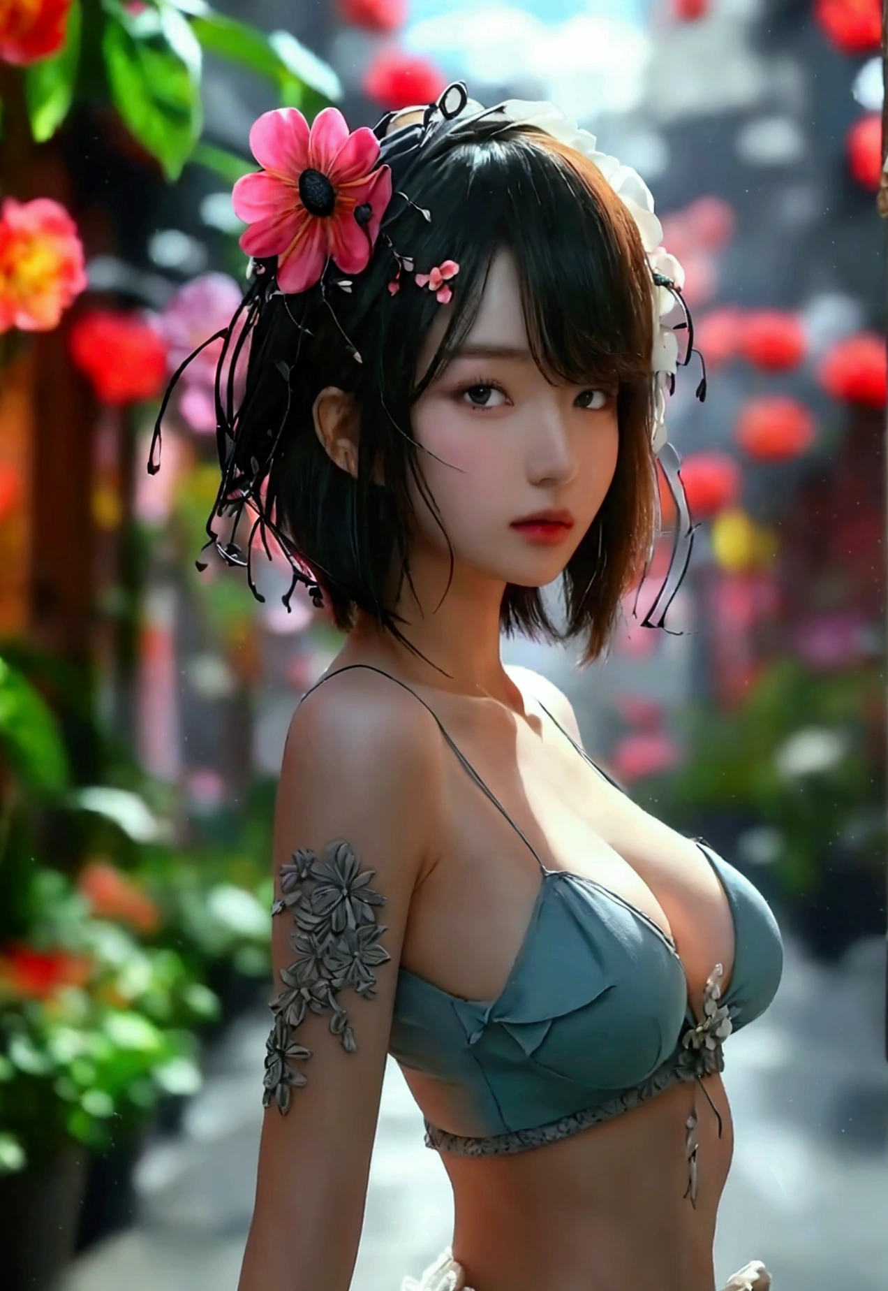 ((Best Quality, 8K, Masterpiece: 1.3)), (Flower Cap: 1.3), Focus: 1.2, Perfect Body Beauty: 1.4, Buttocks: 1.2, (Layered Haircut: 1.2)), (Dark Street: 1.3), Highly Detailed Face and Skin Texture, Full Body, Delicate Eyes, Double Eyelids, Whitened Skin, Long Hair, (Round Face: 1.5), (Loose Crop Top, Shorts: 1.6), huge breast
