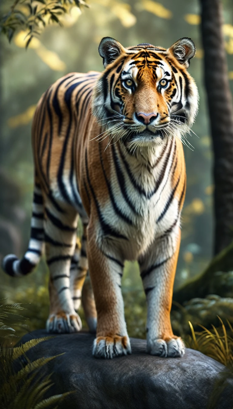 There is a wild beast standing on a stone in the forest,The body of a tiger,The tail of the cow(best quality,4K,8K,High level,masterpiece:1.2),Ultra Detailed,(lifelike,Photo real,Photo real:1.37),Highly detailed animals,Complex patterns,Realistic lighting,Fantasy Creatures