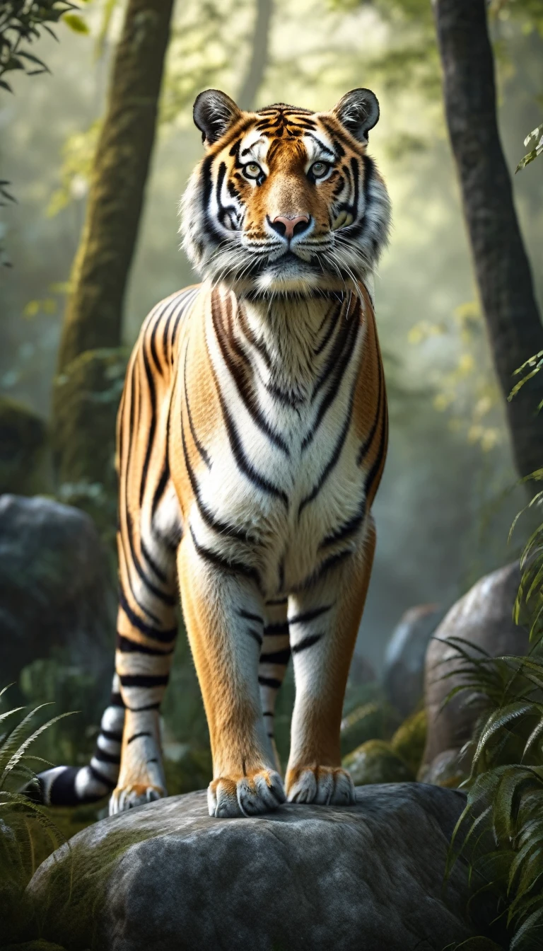 There is a wild beast standing on a stone in the forest,The body of a tiger,The tail of the cow(best quality,4K,8K,High level,masterpiece:1.2),Ultra Detailed,(lifelike,Photo real,Photo real:1.37),Highly detailed animals,Complex patterns,Realistic lighting,Fantasy Creatures