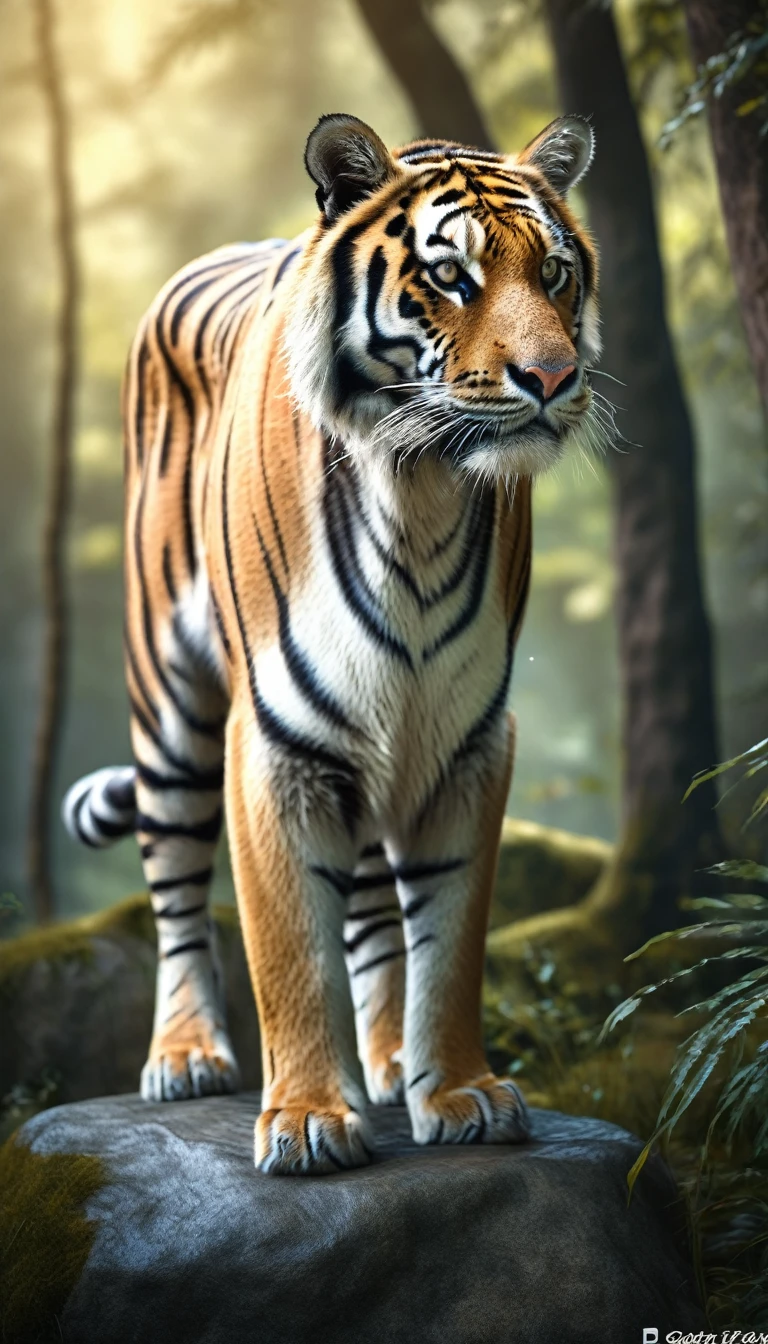 There is a wild beast standing on a stone in the forest,The body of a tiger,The tail of the cow(best quality,4K,8K,High level,masterpiece:1.2),Ultra Detailed,(lifelike,Photo real,Photo real:1.37),Highly detailed animals,Complex patterns,Realistic lighting,Fantasy Creatures