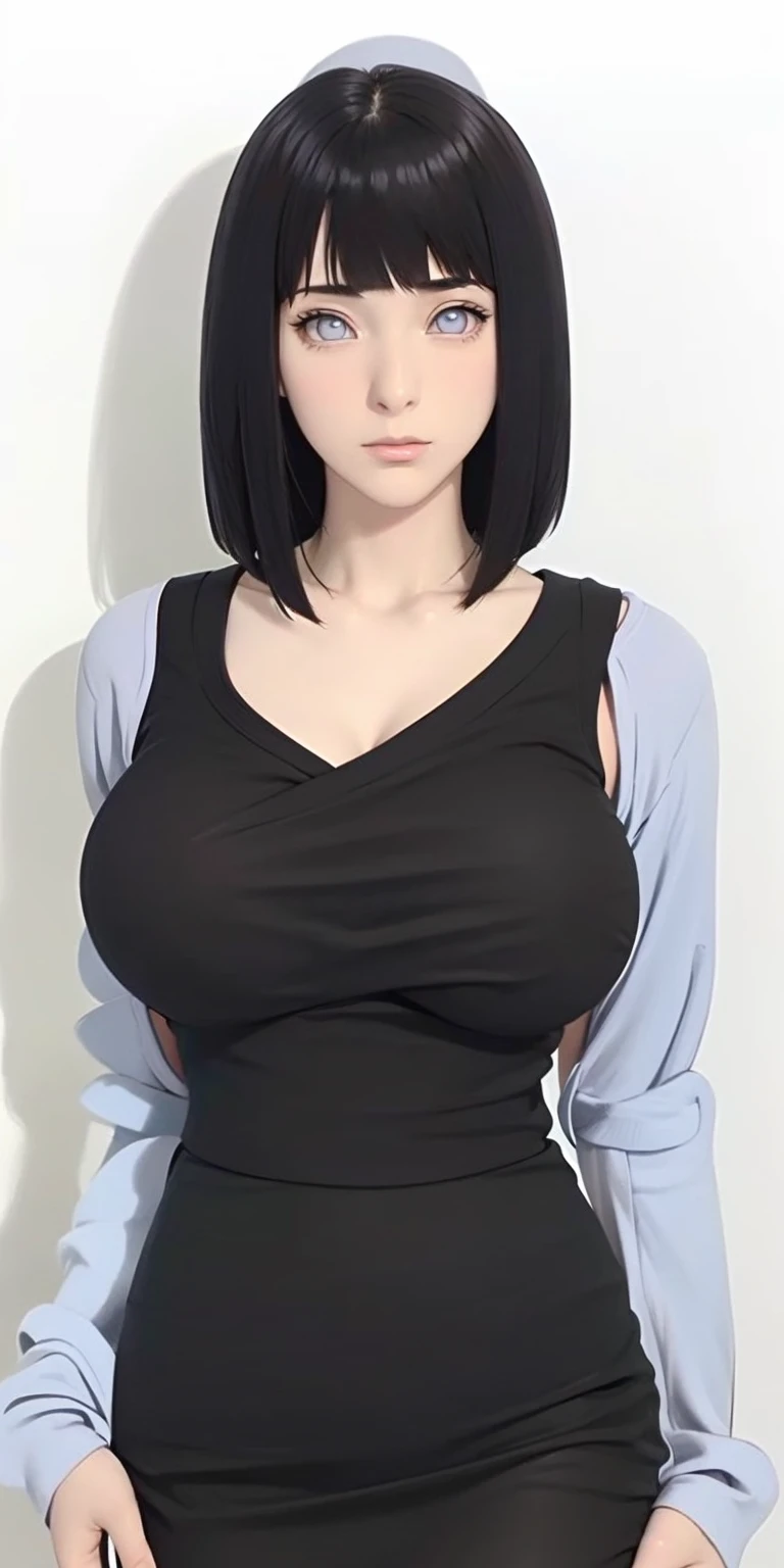 (((Perfect body,White and tender skin,(((Light blue wool cardigan and black skirt,Suspender skirt))),(((hyuugahin,hyuugahin,hinata\(boruto\),hyuugahin, "black long hair", blue eyes,blunt bangs))),((masterpiece)),high resolution, ((Best quality at best)),masterpiece,quality,Best quality,((( Exquisite facial features,Looking at the audience,There is light in the eyes,blush,Happy,lol))),))),(((Light and shadow,Huge breasts))),(((Looking at the camera,black background,))))