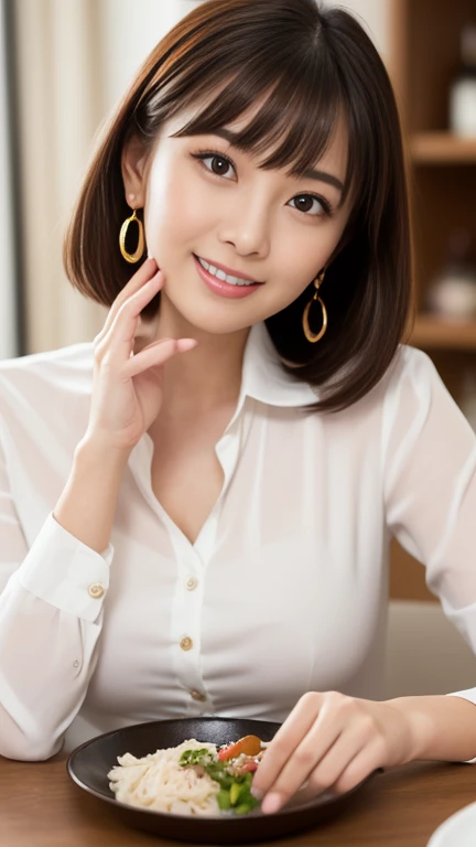 (masterpiece)、(Highest quality:1.5)、(Photorealistic:1.2)、(Surreal), (High resolution), (Realistic), (Post-processing),(Sharp focus), Sharp focus:1.2,Backlight, (Improvement of quality:1.4), (Narrow waist)、Big Ass、((Perfectly detailed five-fingered hands)),(Anatomically correct body)、((1 female:1.4))、Japanese、Realistic Skin、(Small chest:1.4)、Bust size is A cup、Pretty woman with perfect figure:1.4,(from the front:1.5), (Enhances the beauty of skin texture:1.1),No makeup、美しいBlack Hair、The best smile、Natural color lip、(Small Mouth:1.4)、The mouth is not open、Thick lips、(Oval Face)、Even bangs、Hide eyebrows with bangs、((33-year-old woman))、Bob Hair、Hair blowing in the wind, (Black Hair, Iris, Watery eyes, Shining Eyes, Bob Cut Hair, Small earrings,), Hair behind the ear、No makeup、(Drooping eyes)、(((One lovely woman)),((A big friendly smile)),(( Small breasts,Small breastsの谷間)),((((Plump Cheeks)))),((whole body:1.5)),very cute,(Baby Face),高級restaurantで、full-course dinner、Wine Party、Bright image、The beauty of wine, Beautiful Face, red wine 、Appetizers、Italian food、Wine bottle、Champagne、sparkling wine、(slimな顔), (The body is slim),restaurant, White wine, slim, wine glass, 中央に置かれたwine glass, Beautiful fine grain, Depth f/2,saturation, High Contrast, Strong light and shadow,Moist Body:1.5、3D texture、Delicate eyes、((In front of the food on the table:1.5))、White collar shirt and tie、erious expression