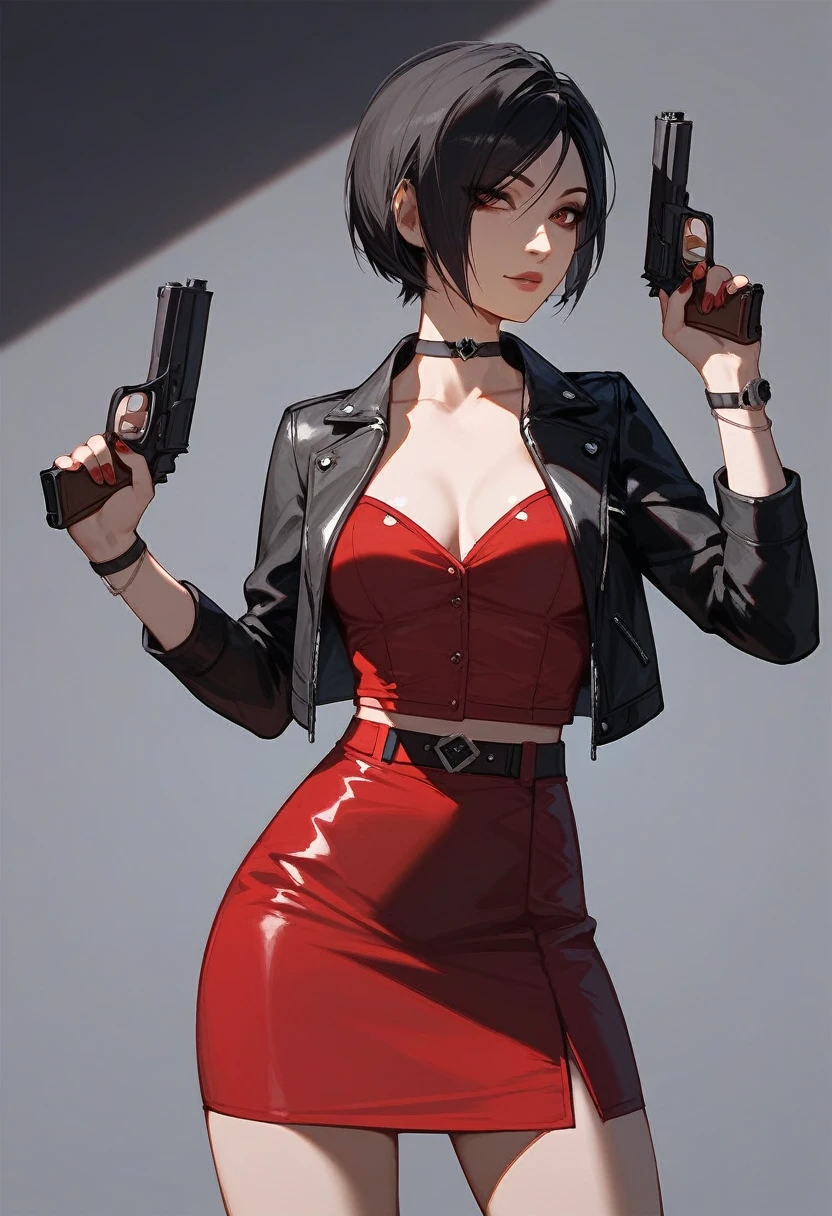 (Fraction_9,Fraction_8_Direction_7_up),1 a woman,(((bust))),Ada Wong,Characters in Resident Evil,Black short hair,Black leather jacket,Red skirt,holding handgun,