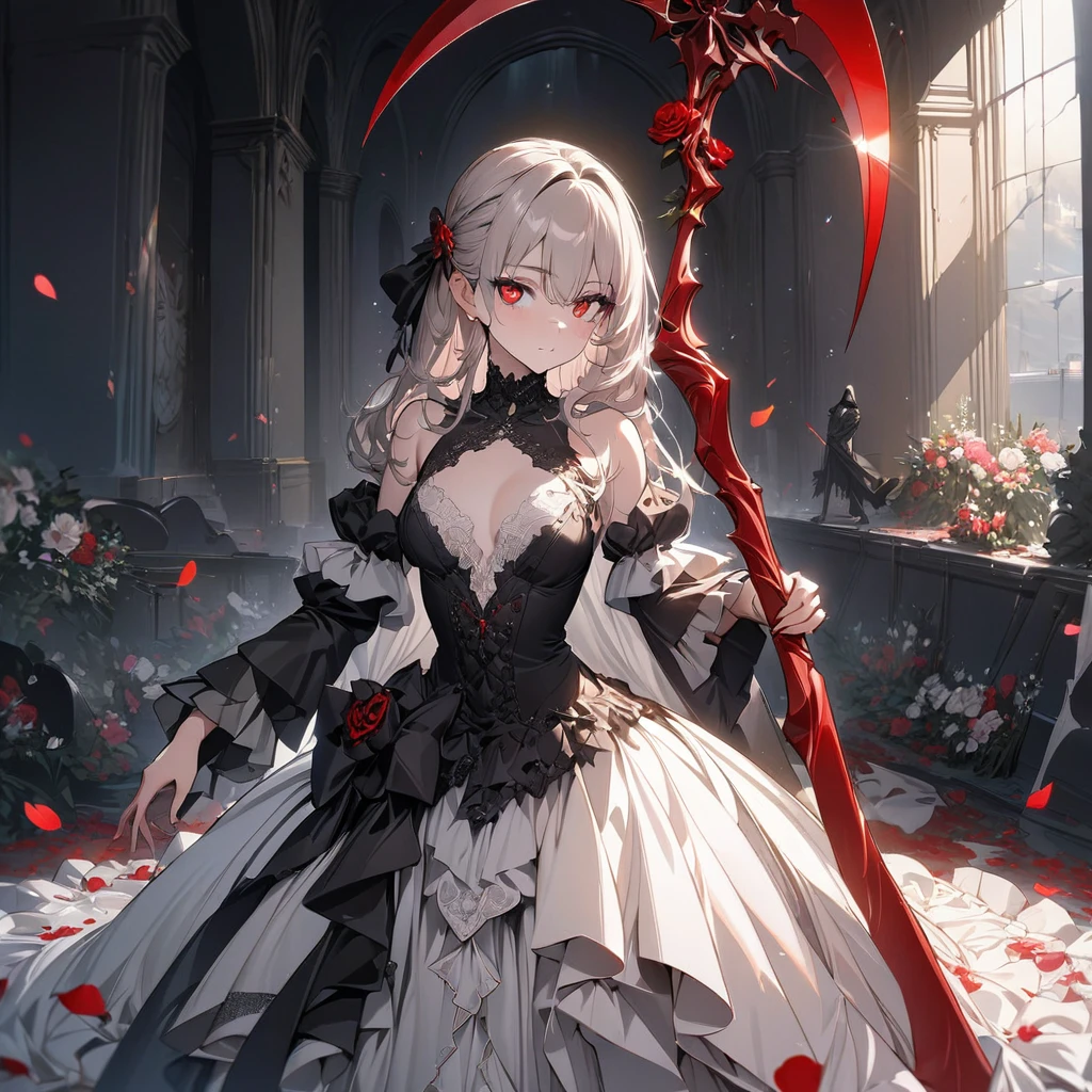 one beautiful Germans girl's Grim Reaper,teenagers,wearing Lolita dress,She's standing with a scythe,Look in here,luxury,The petals of red equinoctial flowers dance,(((masterpiece))), (((best quality))), ((ultra-detailed)), (illustration), (detailed light),((an extremely delicate and beautiful)),(beautiful detailed eyes),red eyes