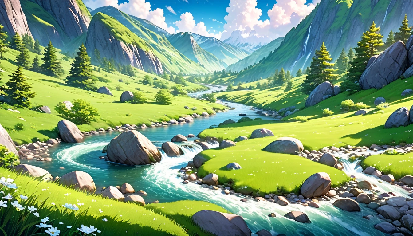detailed landscape of a spring mountain scene, lush green meadow, a winding river flowing through, very little snow, breathtaking scenery, anime style, beautiful detailed sky, fluffy clouds, warm natural lighting, vibrant colors, highly detailed foliage, detailed rocks and boulders, intricate textures, serene atmosphere, photorealistic, 8k, hyperdetailed