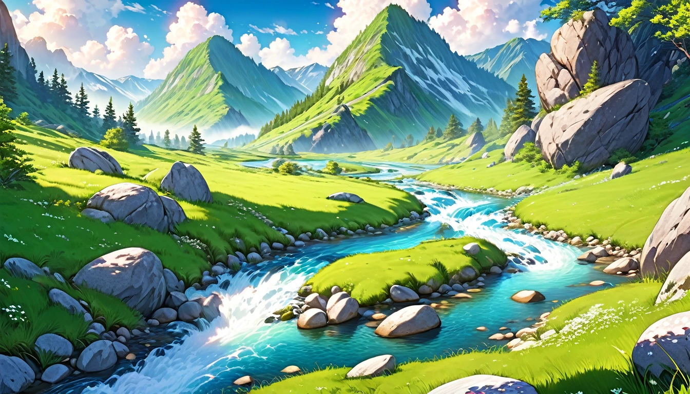 detailed landscape of a spring mountain scene, lush green meadow, a winding river flowing through, very little snow, breathtaking scenery, anime style, beautiful detailed sky, fluffy clouds, warm natural lighting, vibrant colors, highly detailed foliage, detailed rocks and boulders, intricate textures, serene atmosphere, photorealistic, 8k, hyperdetailed