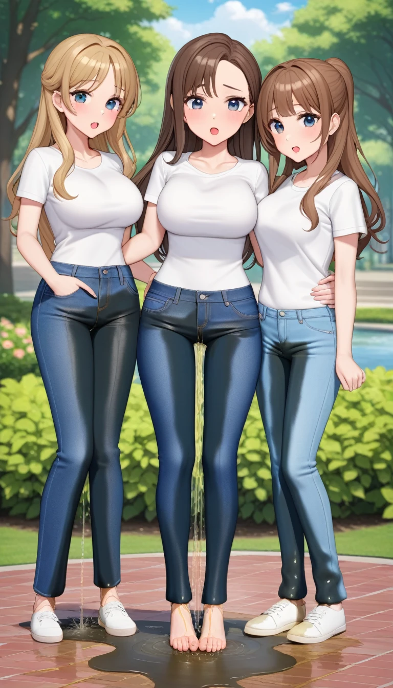 ((best quality, masterpiece:1.3, 8K)), (detailed), highly detailed face and skin texture, detailed eyes, park, pond, full body, (slender body:1.1), (a group of 3 girls:1.5), 25 years old, white skin, bright lips, worried, embarrassed, long hair, (forehead:1.0), large breast, (jeans pants:1.2, flares jeans:1.2, skinny jeans:1.2, blue jeans:1.2), (wetting themself:2.0),