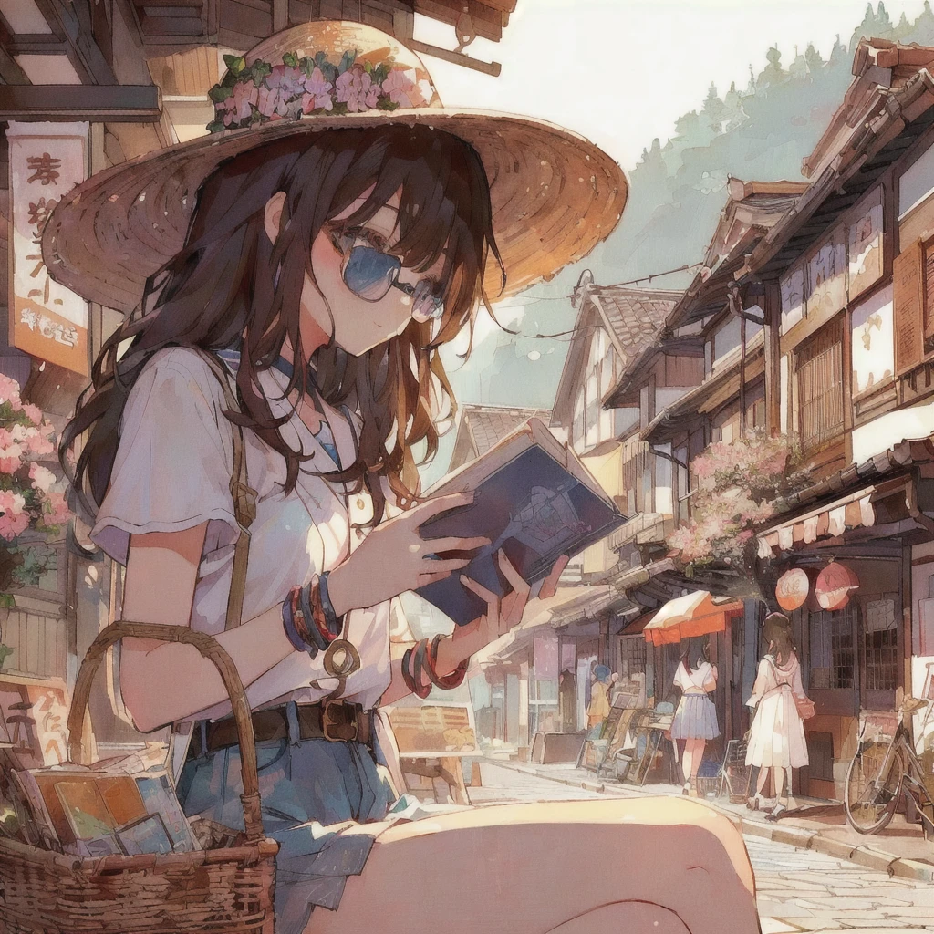 Showa Townを背景に文庫本を読んでいるアニメの女の子, smile,Lo-fi Girl, digital Anime illustration, Gweiz-style artwork, Anime Aesthetics, Showa Town,Portrait of Rofi, Anime-style illustrations, Lo-fi Girl aesthetic, 80s anime style,Beautiful anime art style, Anime illustration, Landscapes by Ilya Kuvshinov, Tokyo Anime Scene, Summer Afternoon, Anime Style 4k