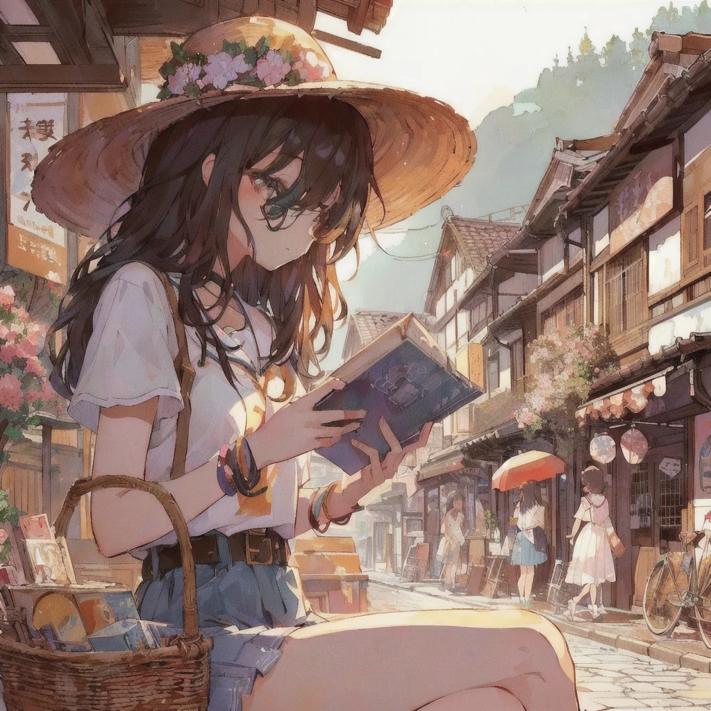 Showa Townを背景に文庫本を読んでいるアニメの女の子, smile,Lo-fi Girl, digital Anime illustration, Gweiz-style artwork, Anime Aesthetics, Showa Town,Portrait of Rofi, Anime-style illustrations, Lo-fi Girl aesthetic, 80s anime style,Beautiful anime art style, Anime illustration, Landscapes by Ilya Kuvshinov, Tokyo Anime Scene, Summer Afternoon, Anime Style 4k