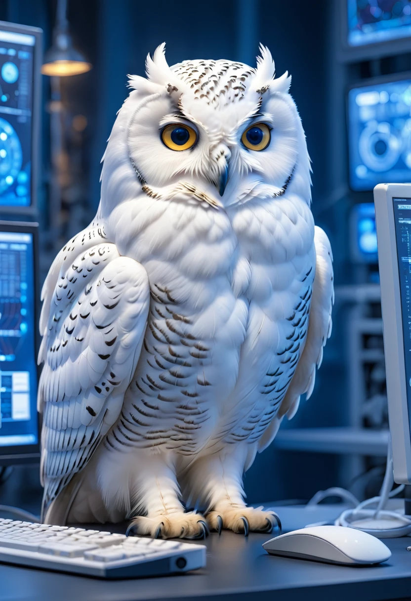 In the calm blue neon light of a high-tech laboratory, a graceful snowy owl perches atop a modern computer, surrounded by sophisticated scientific equipment and screens flashing with data. The 8K UHD image is rendered in RAW format, boasting incredible photorealism, with each owl's feather and eye meticulously detailed, feather textures subtly nuanced, and the owl's eyes filled with piercing curiosity. Everything is combined with a rich color palette of natural tones, cool blues and pure white, evoking a cinematic atmosphere full of serenity and wonder.