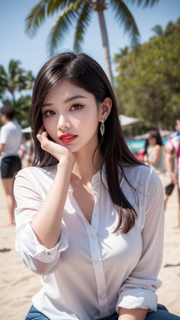 alone, whole body,Earrings, eyelash, pantyhose,, (Beach,(Palm tree),crowd,(White shirt), Floral print,Red lips),Sexy and provocative smile,, (Shiny skin:1.05),(blush:0.9),(Skin Dentition:1.15),Realistic, masterpiece, Highest quality, High resolution,Absurd, (Perfect Face:1.1), (Sharp focus:1.1),,  Trending on Art Station, Trending on CGSociety, Complex, High detail, Sharp focus, dramatic,