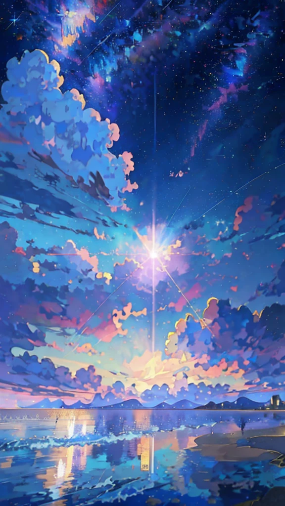 anime scenery of a beach with a star filled sky, cosmic skies. by makoto shinkai, ethereal starlit city at sunset, cloudy, anime sky, star(sky) starry_sky, anime beautiful peace scene, anime background art, beautiful anime scene, a beautiful artwork illustration, style of makoto shinkai, endless cosmos in the background