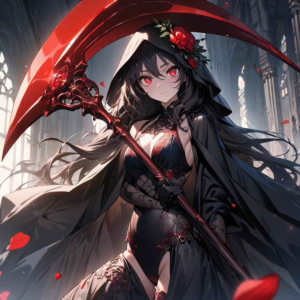 one beautiful Germans girl's Grim Reaper,teenagers,wearing Swim suit,She's standing with a scythe,Look in here,luxury,The petals of red equinoctial flowers dance,(((masterpiece))), (((best quality))), ((ultra-detailed)), (illustration), (detailed light),((an extremely delicate and beautiful)),(beautiful detailed eyes),red eyes