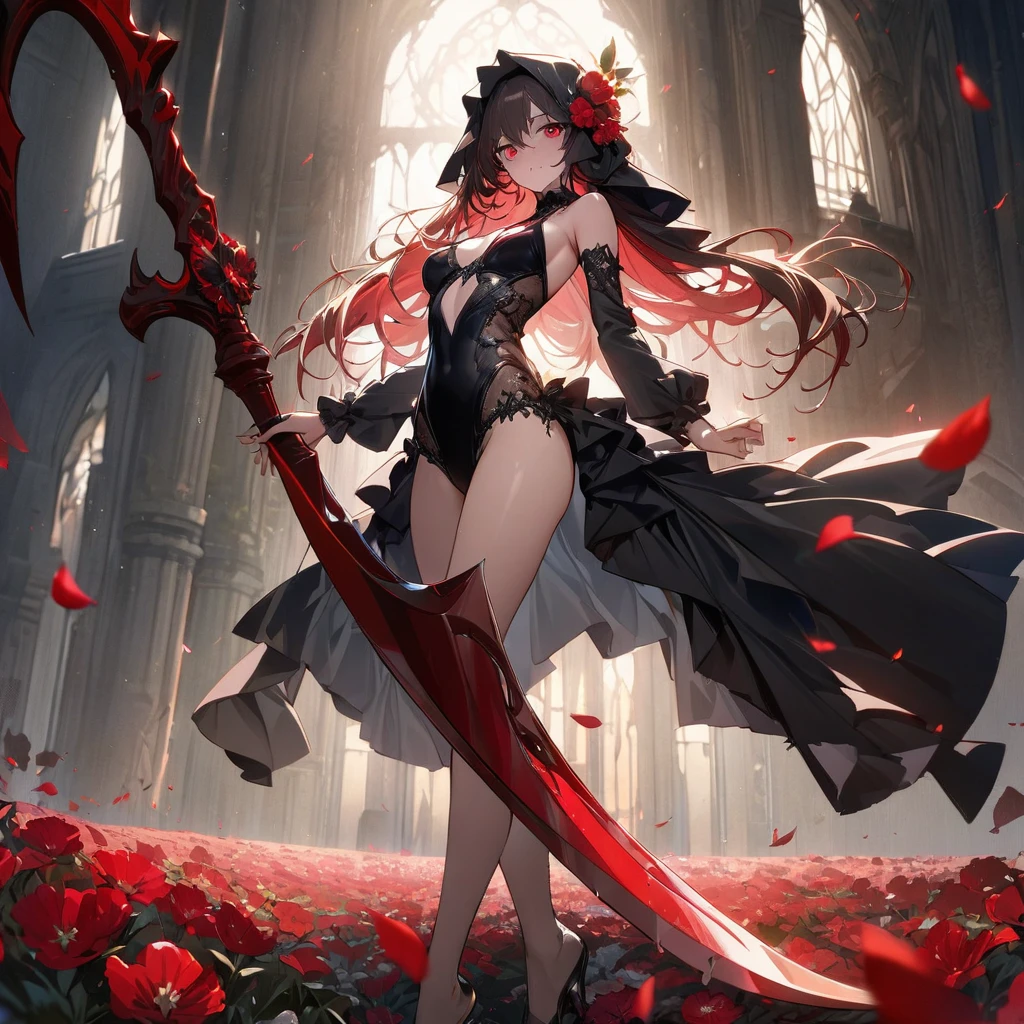 one beautiful Germans girl's Grim Reaper,agers,wearing Swim suit,She's standing with a scythe,Look in here,luxury,The petals of red equinoctial flowers dance,(((masterpiece))), (((best quality))), ((ultra-detailed)), (illustration), (detailed light),((an extremely delicate and beautiful)),(beautiful detailed eyes),red eyes