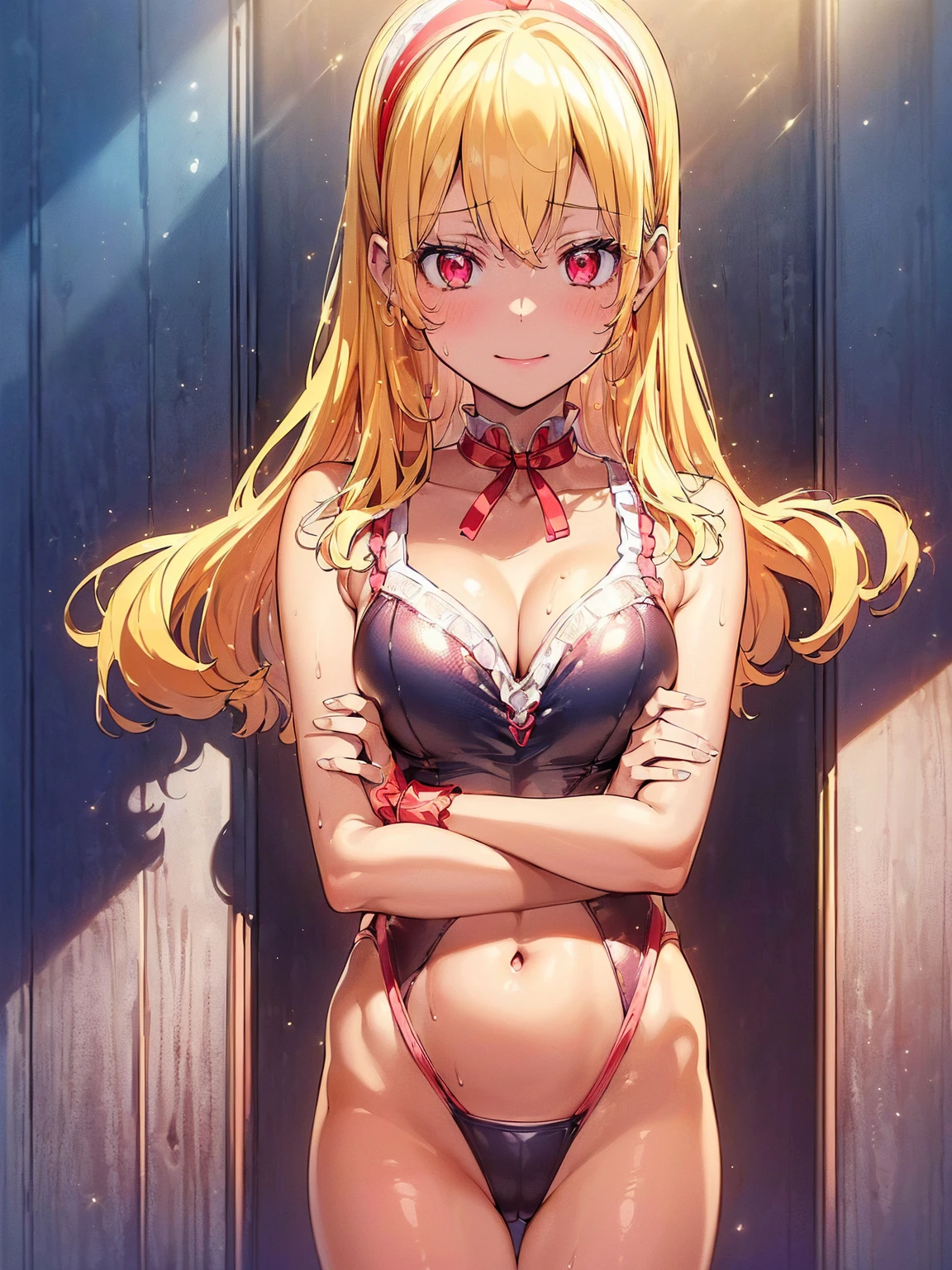 (RED Ribbon on HAIRband:1.2),aikatsu,masterpiece, best quality, ((beautiful detailed eyes):1.3), 10years old, RED eyes, Blonde hair,Straight hair, leg hair ribbon, RED headband,large_boob, ((tight brilliant shiny competition swimsuit:1.2, plunking neckline, plunking navel, cleavage)), ((extremely delicate and beautiful fabric):1.3), looking at viewer, ((gravure pose, crossed arms, under breasts)), seductive_orgasm smile, blush, slender, slim, (indoor pool, pool lane, swimming pool, competition pool, pool starting block, swimming building, water, water surface, daytime, window, sunlight, (in the pool):1.2), very clear, ((masterpiece, best quality, ultra-detailed):1.5), ((an extremely delicate and beautiful)), ((((illustration)))), (realistic:0.6), (extremely detailed skin), ((ultra-detailed:1.35)), (detailed fingers, absurdres, intricate, (1girl), ((solo)), ((glistening skin)), (((oily skin))), ((wet skin)),