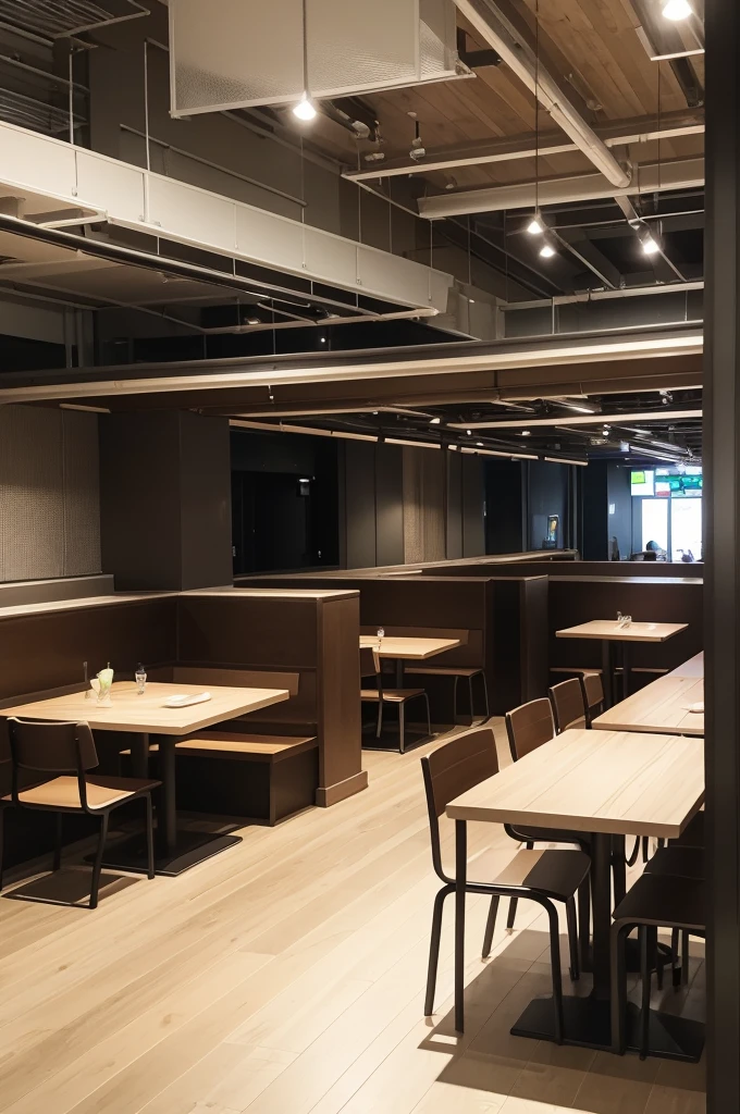 Create an environment for me, small full of tables and people sitting