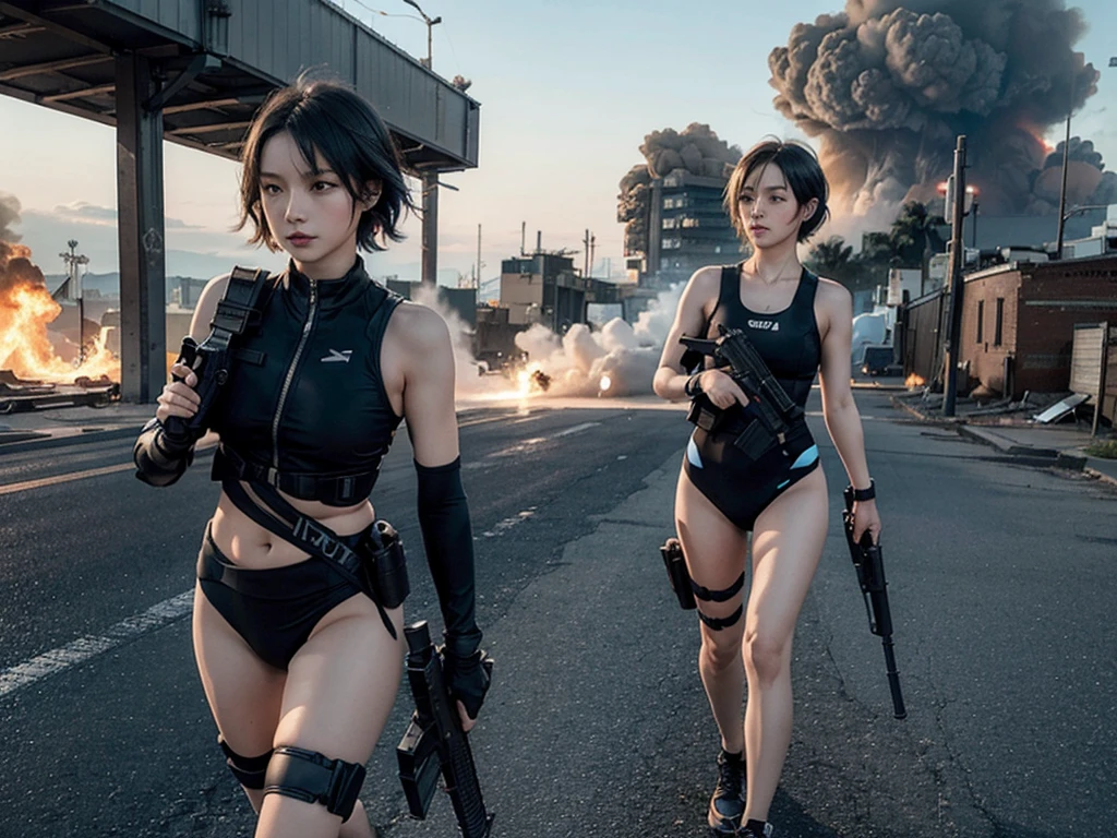 (best quality,highres,masterpiece:1.2),ultra-detailed,realistic,spy sexy beautiful girl, black shinny slip body suit,((shortgun in hand:1.2)),(open v chest clothes:1.2), ((red color shinny thigh-high shorts:1.2)),(big boobs), war background,professional,physically-based rendering,vivid colors,sharp focus,detailed facial features,expressive eyes,elegant pose,dynamism,atmospheric lighting,explosions,smoke,action-packed,high-intensity,adrenaline-fueled,bullet shells,powerful stance,secret agent,stealthy,confident presence,grim determination,dangerous mission,secrets,espionage,nighttime,laser sights,adventure,thrilling suspense,lethal weapons,intense combat scene, sexy, very sexy, nsfw,