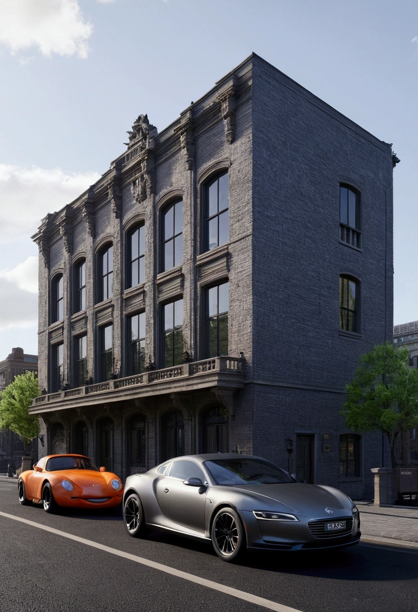 pixar, a two-storey building is gray, old, but very beautiful, against the background of a large city next to the road
