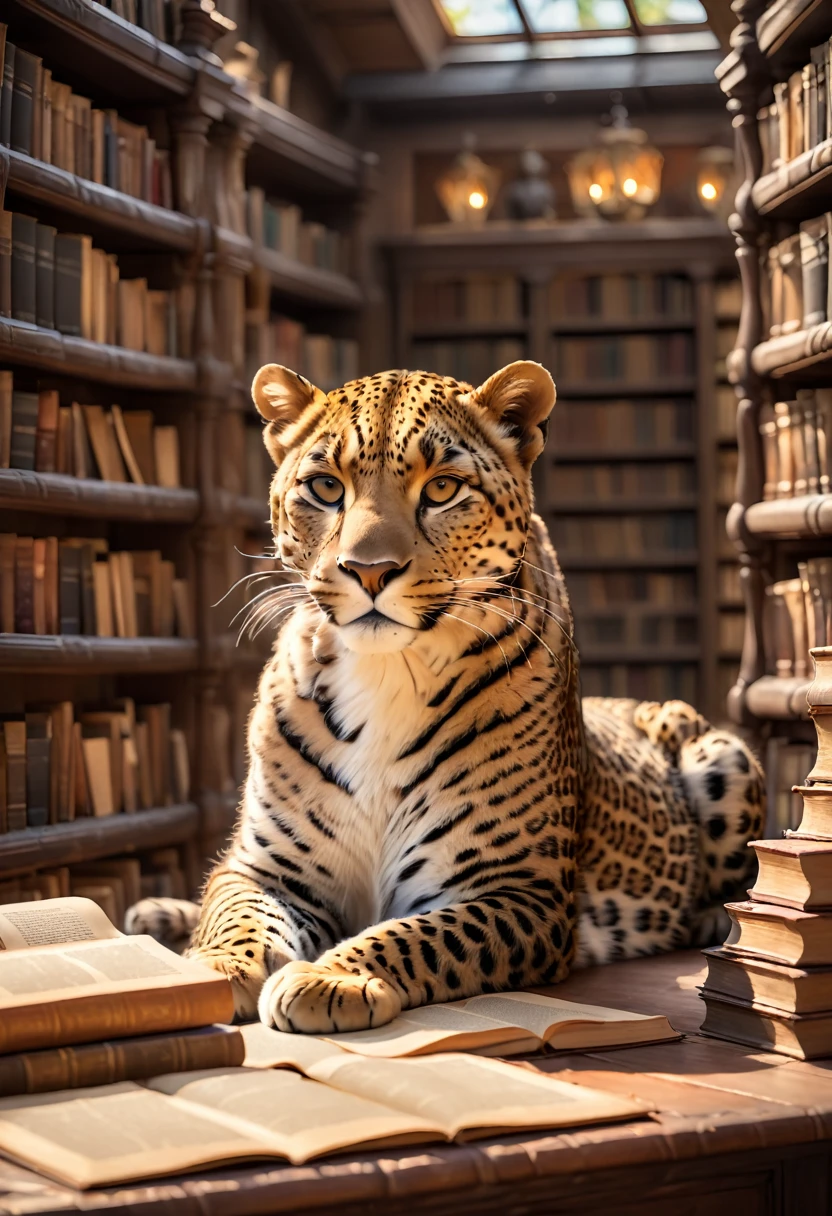 In the warm golden light of a summer morning, a majestic leopard sleeps amidst towering antique bookshelves in a cozy bookstore, surrounded by thick dusty books and scattered parchment papers, emanating wisdom and mystique. Render the image in 8K UHD RAW format, emphasizing extraordinary photorealism with every fur and whisker intricately detailed, skin texture subtly nuanced, and facial features filled with a gentle curiosity. Blend this with a rich color palette of natural, warm oranges and creamy yellows, evoking a cinematic ambiance full of tranquility and wonder.