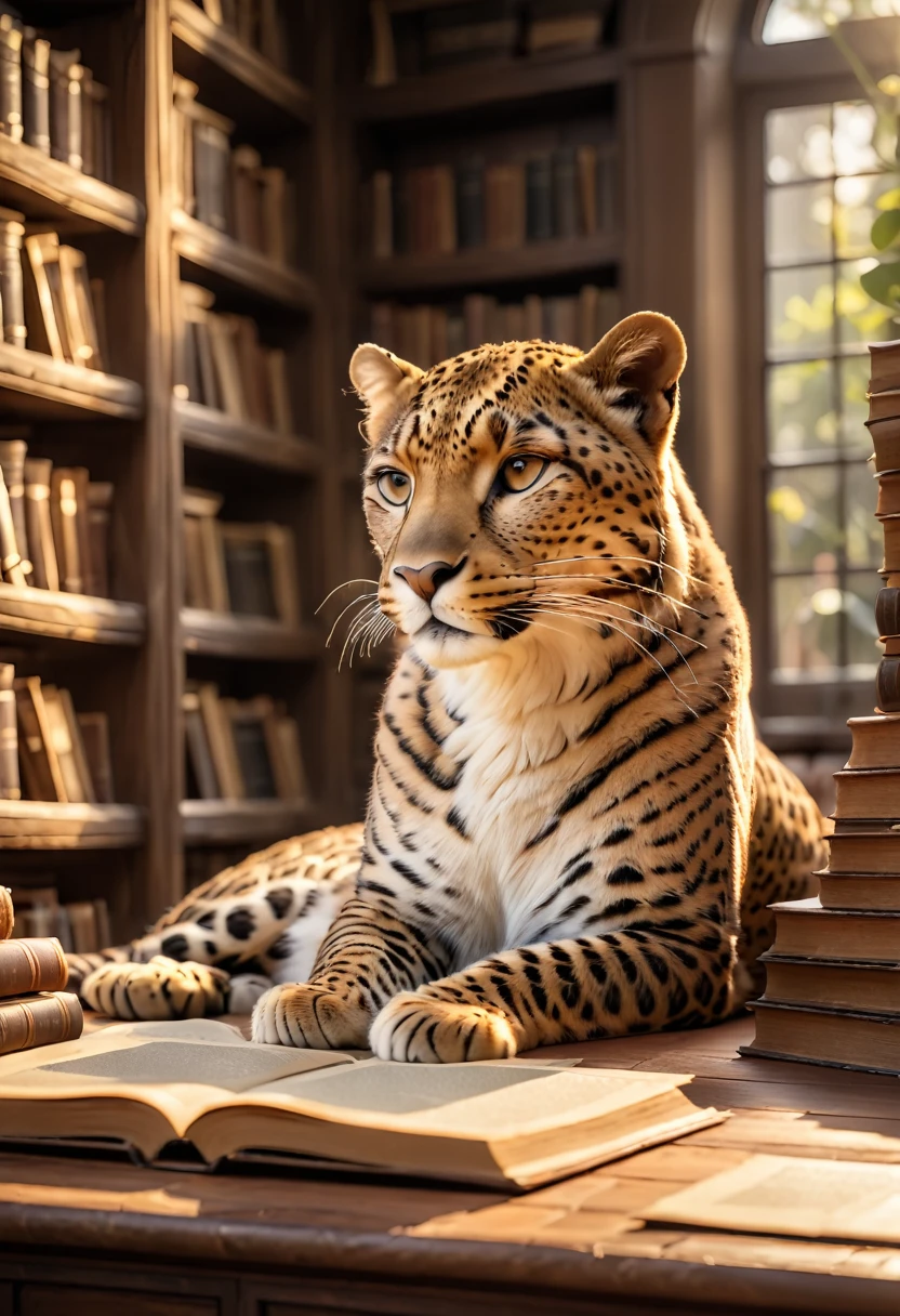 In the warm golden light of a summer morning, a majestic leopard sleeps amidst towering antique bookshelves in a cozy bookstore, surrounded by thick dusty books and scattered parchment papers, emanating wisdom and mystique. Render the image in 8K UHD RAW format, emphasizing extraordinary photorealism with every fur and whisker intricately detailed, skin texture subtly nuanced, and facial features filled with a gentle curiosity. Blend this with a rich color palette of natural, warm oranges and creamy yellows, evoking a cinematic ambiance full of tranquility and wonder.