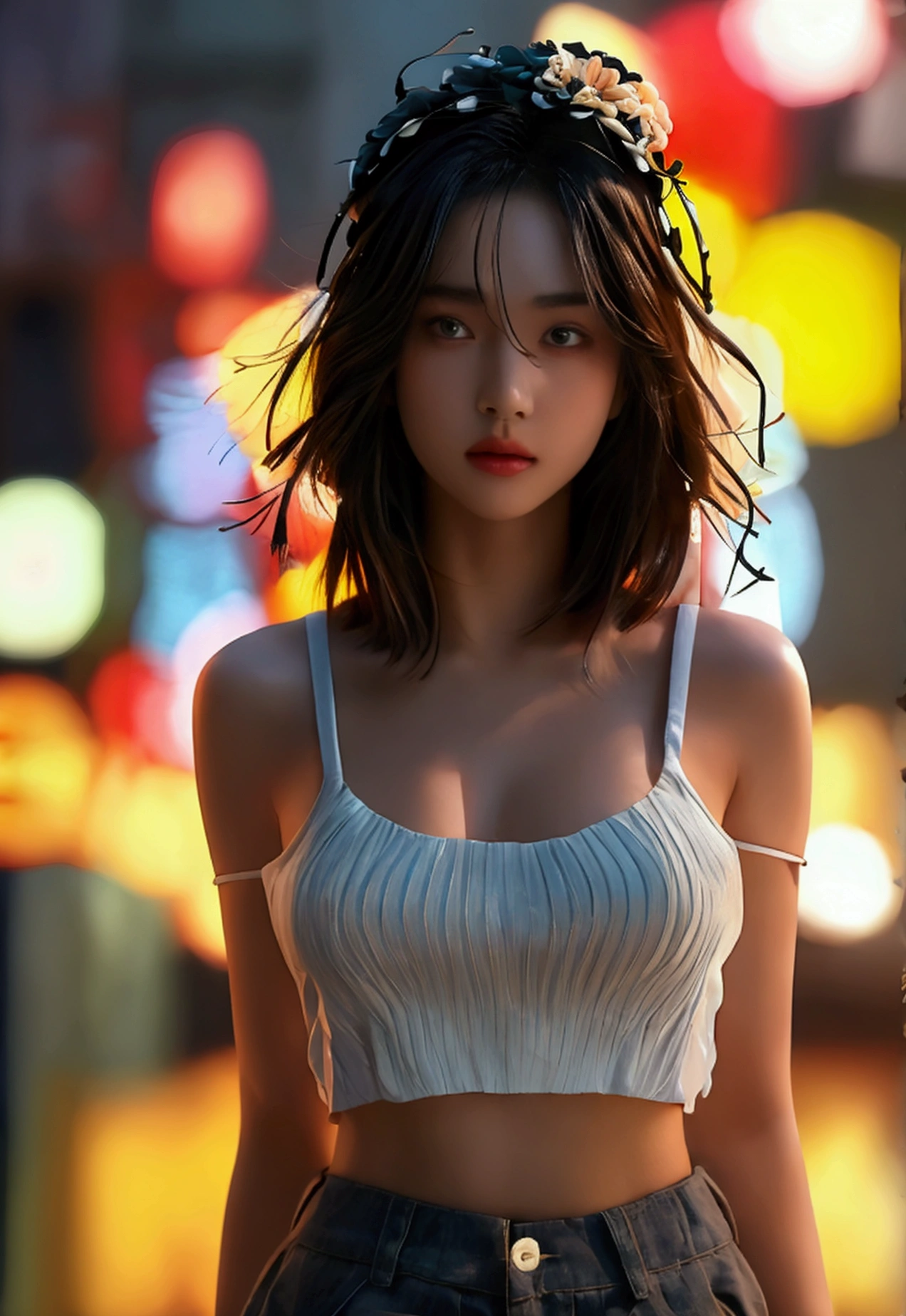 ((Best Quality, 8K, Masterpiece: 1.3)), (Flower Cap: 1.3), Focus: 1.2, Perfect Body Beauty: 1.4, Buttocks: 1.2, (Layered Haircut: 1.2)), (Dark Street: 1.3), Highly Detailed Face and Skin Texture, Full Body, Delicate Eyes, Double Eyelids, Whitened Skin, Long Hair, (Round Face: 1.5), (Loose Crop Top, Shorts: 1.6), huge breast
