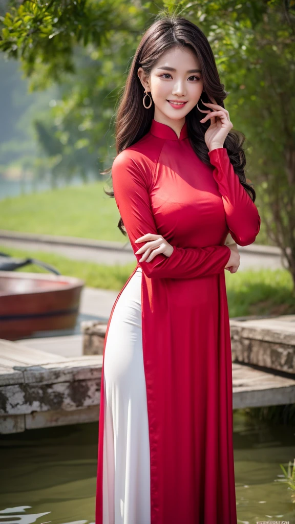Detailed body, attractive body, perfect human body, realistic face,
(ultimate quality, masterpiece, highres:1.0), realistic:1.6, photorealistic,
[8k UHD photos, UHD high quality photos, Super detailed and super clear images],
Close-up of a Vietnamese girl with a detailed body, attractive body, perfect human body, realistic face,
(ultimate quality, masterpiece, highres:1.0), realistic:1.6, photorealistic,
[8k UHD photos, UHD high quality photos, Super detailed and super clear images],
Close-up of a Vietnamese girl with a beautiful face, tall and beautiful like a photo model,
, leggy, round face, big round eyes, Charming smile, Red lips, long curly eyelashes, big dimples, pointed chin, plump face, bright white skin, slim waist and long legs, wearing rings and earrings,
 Her face resembles Tuyet Linh, Tall and plump figure, wearing red silk ao dai, Standing in a sun shelter in the middle of the lake, cute pose,
Super shiny red silk ao dai,