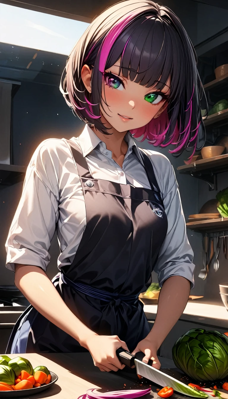 (highest quality:1.2, Very detailed, up to date, Vibrant, Ultra-high resolution, High Contrast, masterpiece:1.2, highest quality, Best aesthetics), Portraiture、girl、20-years-old, slim, , heterrochromia, green eye, red eye, stage、performance、Bright colors、Beautiful fine details、Beautiful lip detail、extra short hair, ((bob cut:1.5))、pink and purple ((streaked hair:1.9)), (highlights hair: 1.6), ((small breast:1.3), (tan skin:0.7), cooking、((cutting vegetables with knife:1.5)), kitchen, apron、Resolute expression、Avid Fan、Rock star aura、((cowboy shot:1))