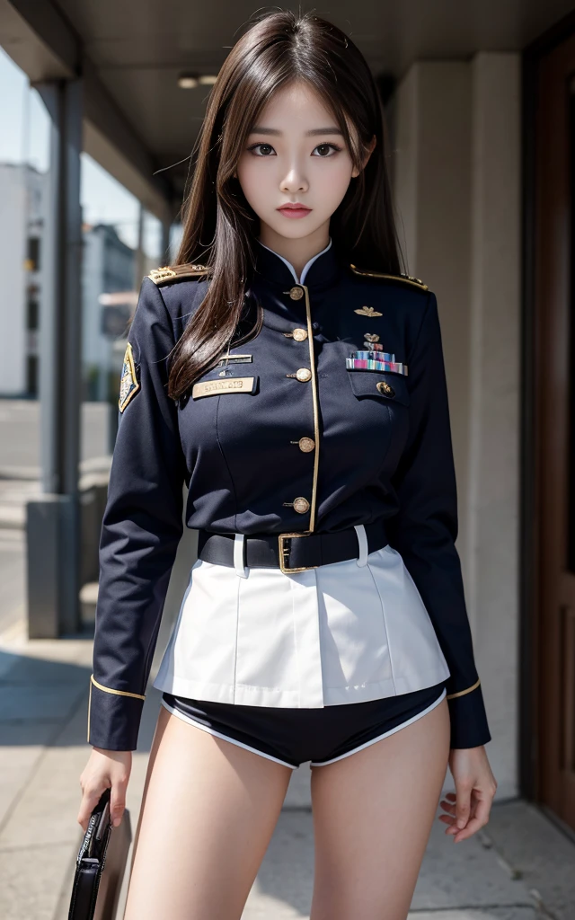 8K, best quality,high resolution，High-resolution details， Extremely detailed:1.37), Aliana, 18 years old, A beautiful Korean girl, Wearing the uniform with pride, （full-body shot）Representing her role as a soldier. She&#39;s wearing a sexy military uniform. high resolution图像捕捉超精细的真实感, highlighting Aliana's determined expression, Sharp eyes, and a confident attitude. Military helicopter in the desert in the background, Adds authenticity and meaning to the image. This visually striking representation showcases Aliana's strength and dedication as a soldier.
