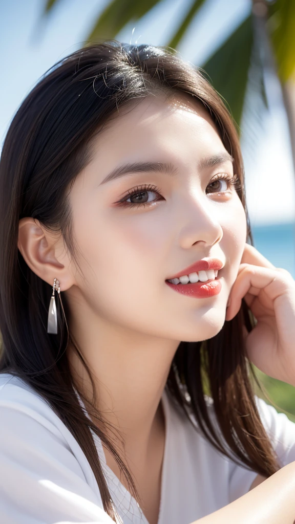 alone, whole body,Earrings, eyelash, pantyhose,, (Beach,(Palm tree),crowd,(White shirt), Floral print,Red lips),Sexy and provocative smile,, (Shiny skin:1.05),(blush:0.9),(Skin Dentition:1.15),Realistic, masterpiece, Highest quality, High resolution,Absurd, (Perfect Face:1.1), (Sharp focus:1.1),, Trending on Art Station, Trending on CGSociety, Complex, High detail, Sharp focus, dramatic,