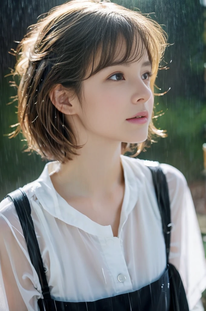 24year old beautiful girl、Half-Japanese beauty、Highest image quality、realistic、16K、beautiful woman、Very Short Hair、Pixie Cut、blondes、blondes、With bangs、Pretty slim、heavy rain、wet from heavy rain、Mountaineering、White Mountaineering服、Wet in the rain、Heavy Rain、My hair got wet in the heavy rain、In heavy rain、A look asking for a kiss、Shooting from the sky、Full body、キャップを被って