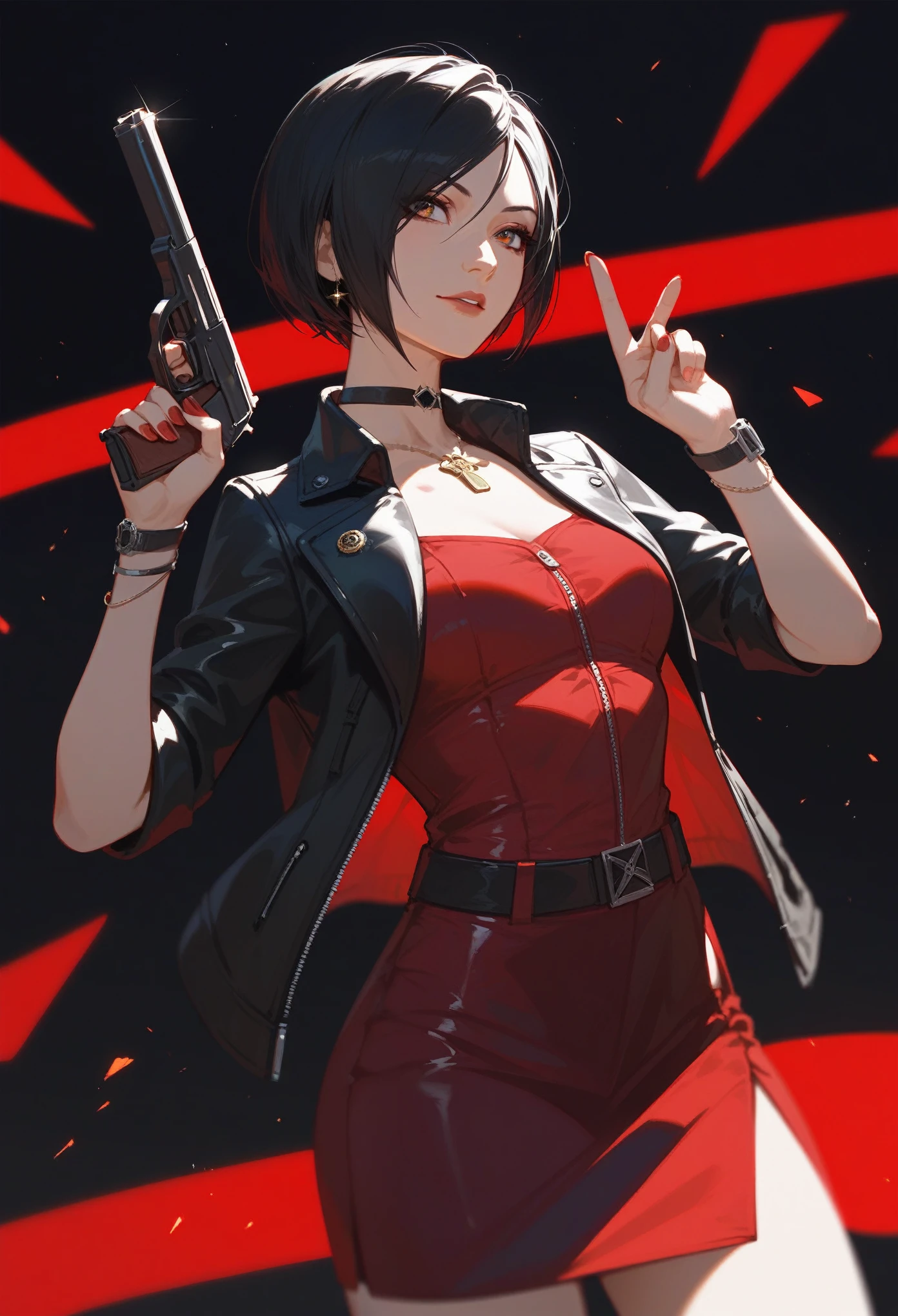 wallpaper,1 woman showing gun pointed at audience,Low Angle,suns,gun Focus,White belly button tank top, ((((Wearing suit with transparant bra)),((hair clip)), evil vibe, menacing, bangs, short hair,Black Hair,齐bangs, leather pants,Anatomically correct, Eyes on the audience,Contempt,dark cinematic background, cinematic angle