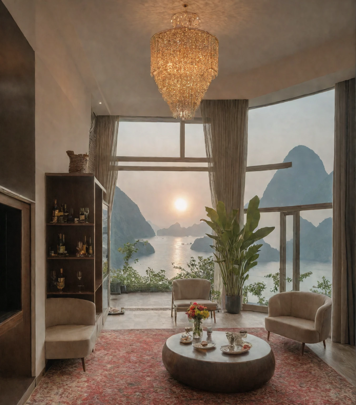 Raw photo,Masterpiece, high quality, best quality, authentic, super detail, interior, livingroom style modern luxury, sunset, day light, sofa, tea table, carpet, flower vase on tea table, wine bottle, tray, armchair, wine cabinet, books, glass cabinet doors, snake plant pot, halong bay view window, downlight, chandelier