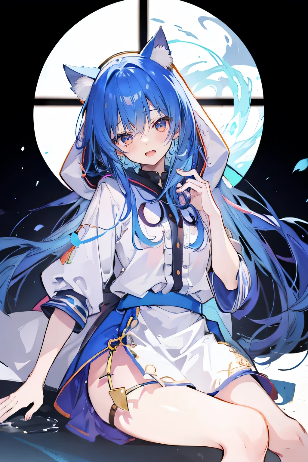 (masterpiece:1.2),Super detailed,lifelike,Expressive eyes,fair skin,perfect face shape,1 girl,
Japanese comics,Gorgeous blue hair,flowing blue hair,flowing clothes,Cat ears,Petals fall,beautiful lola,Baby Angel,
Shaking head with one hand,Cross your legs,Gentle and peaceful background,The pavilion is cool and comfortable,smile, wearing hoodie, In front of the window,snowing