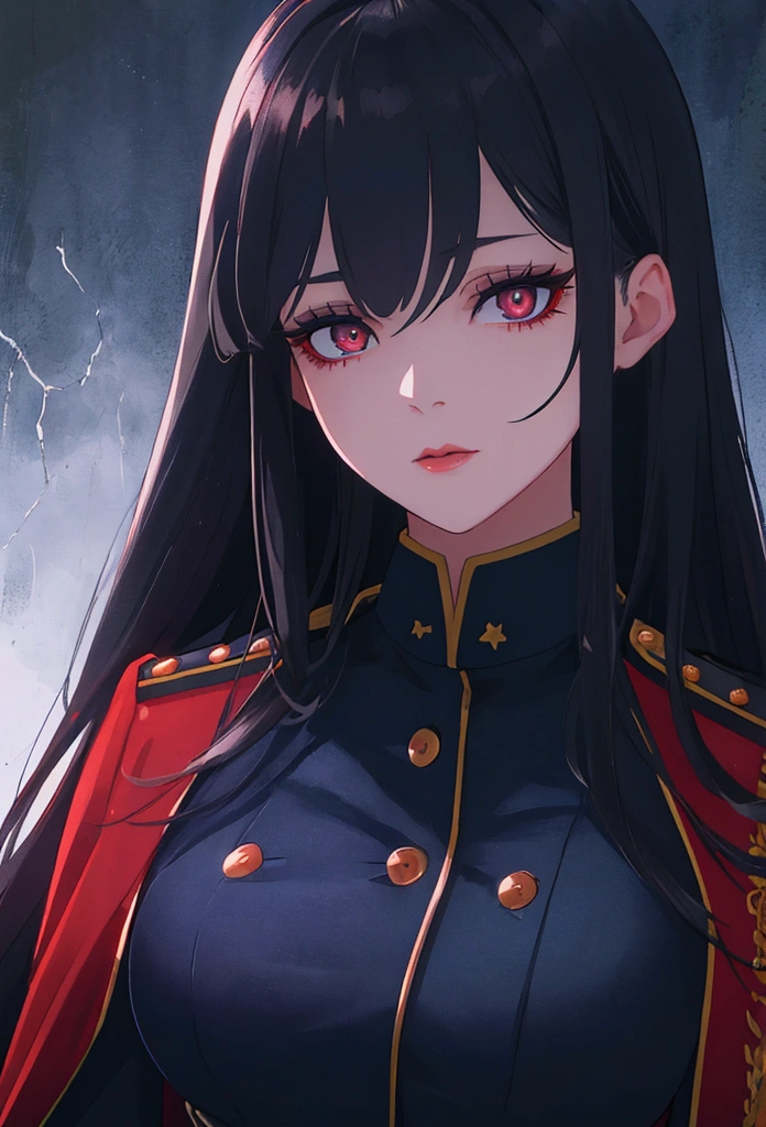 beautiful detailed eyes,extremely detailed eyes and face, long eyelashes, 1girl, military uniform, dark blue uniform, dark red elements, black eyes, white long hair, scar on neck, (best quality,4k,8k,highres,masterpiece:1.2,anime,portrait,dark,dramatic lighting,cinematic