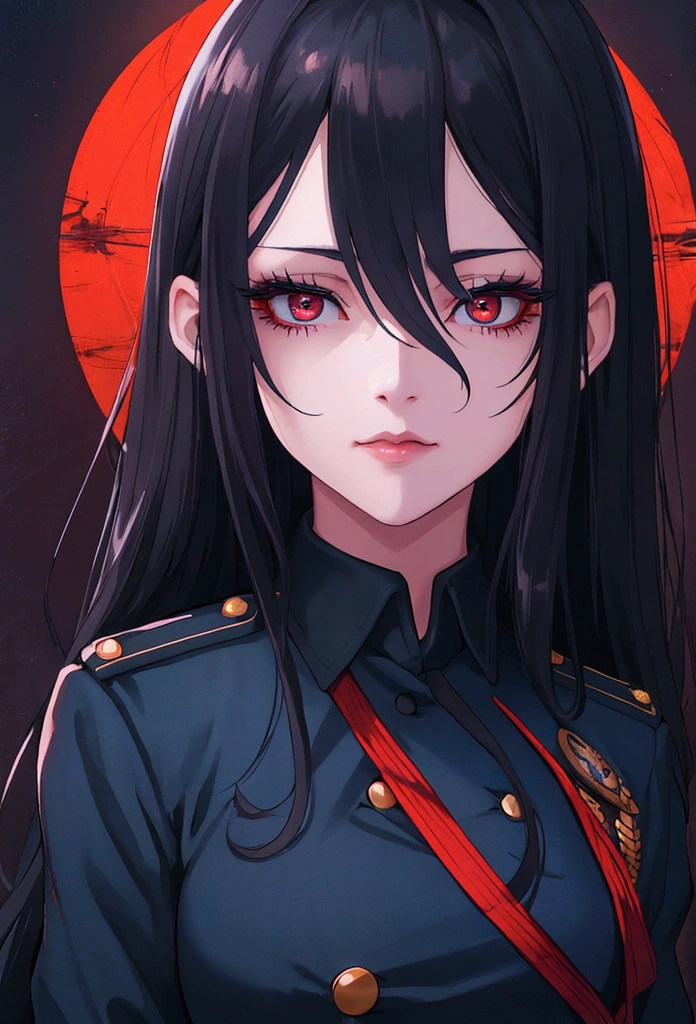 beautiful detailed eyes,extremely detailed eyes and face, long eyelashes, 1girl, military uniform, dark blue uniform, dark red elements, black eyes, white long hair, scar on neck, (best quality,4k,8k,highres,masterpiece:1.2,anime,portrait,dark,dramatic lighting,cinematic