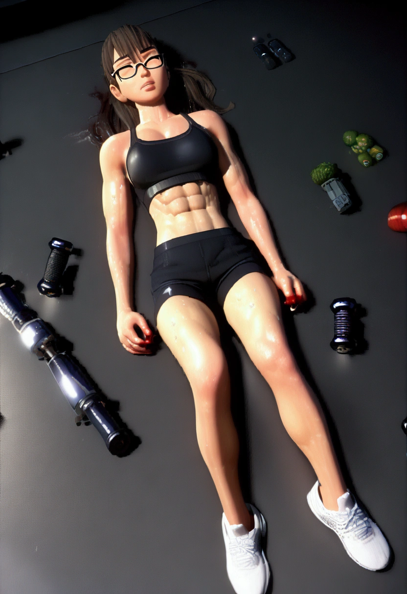 1girl, glasses, closed eyes, full lips, She's doing abs, like disney Cartoon, she's sweaty, six pack, abdomen, (((blood in the stomach, blood in the mid-abdominal area, (((blood))), bruising in the abdomen, bruising in the middle abdomen, ((bruising))))), black sport shorts, black sport top, muscles, white tennis shoes, working out, lying on the floor, pixar, 3d, disney, full body, dead