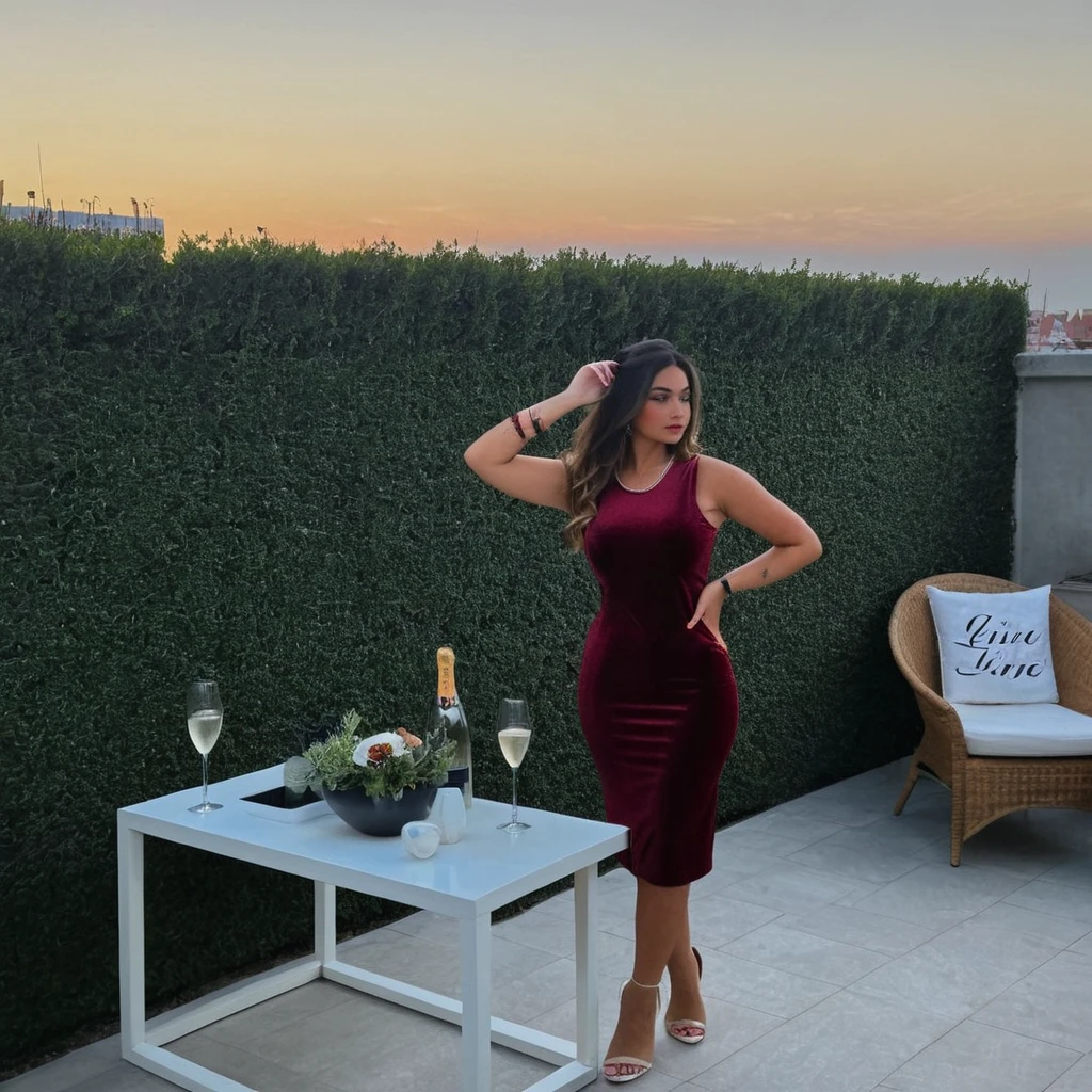 woman, mature, sexy, in an evening dress, Armenian, slot in the buttock area, long coattails, sandals, on the Terrace, with a glass of champagne
