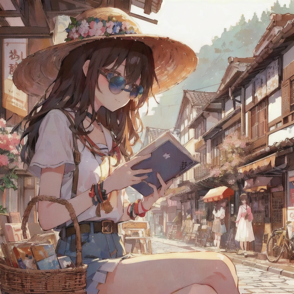 Showa Townを背景に文庫本を読んでいるアニメの女の子, Wearing sunglasses,smile,Lo-fi Girl, digital Anime illustration, Gweiz-style artwork, Anime Aesthetics, Showa Town,Portrait of Rofi, Anime-style illustrations, Lo-fi Girl aesthetic, 80s anime style,Beautiful anime art style, Anime illustration, Landscapes by Ilya Kuvshinov, Tokyo Anime Scene, Summer Afternoon, Anime Style 4k