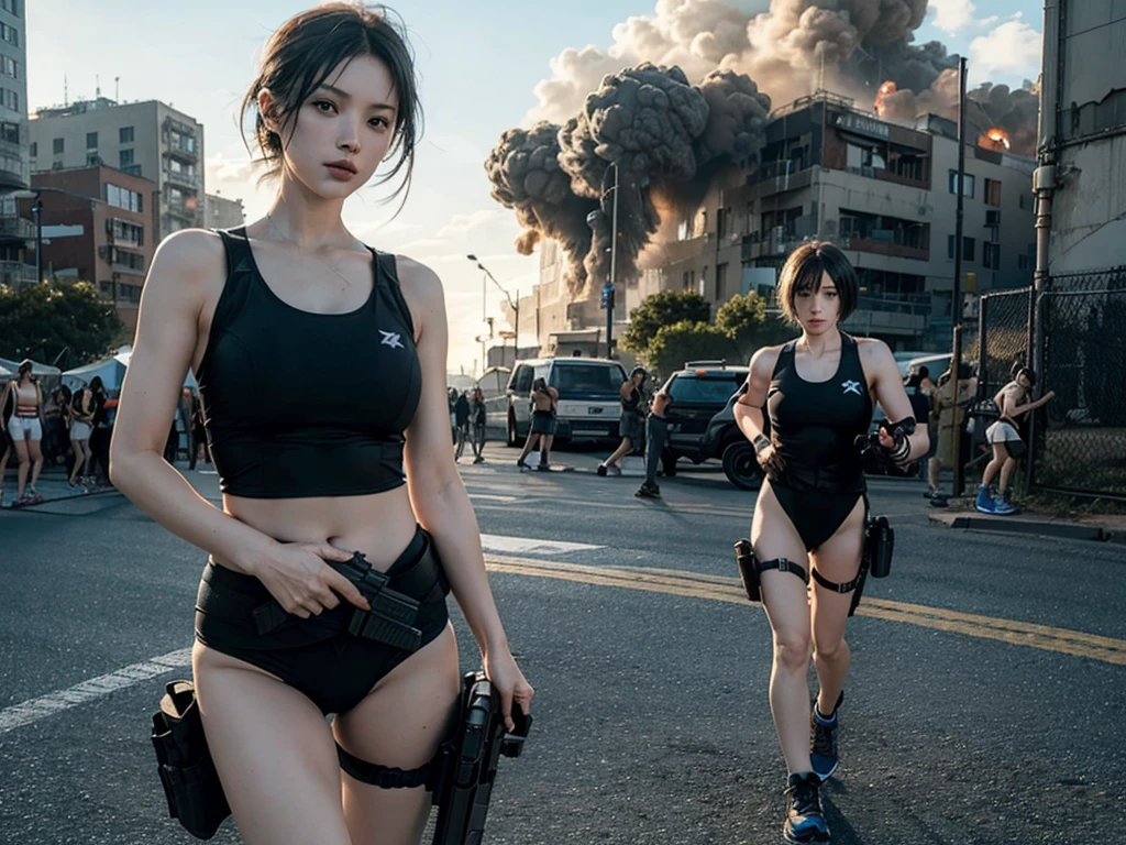 Battlefield Background,Huge explosion,Exploded buildings,A man in a blue tactical swimsuit,Black sneakers,A short-haired girl with a gun holster on her leg is leading her team to the battlefield,Crowds in the distance,Full body close-up,Realism